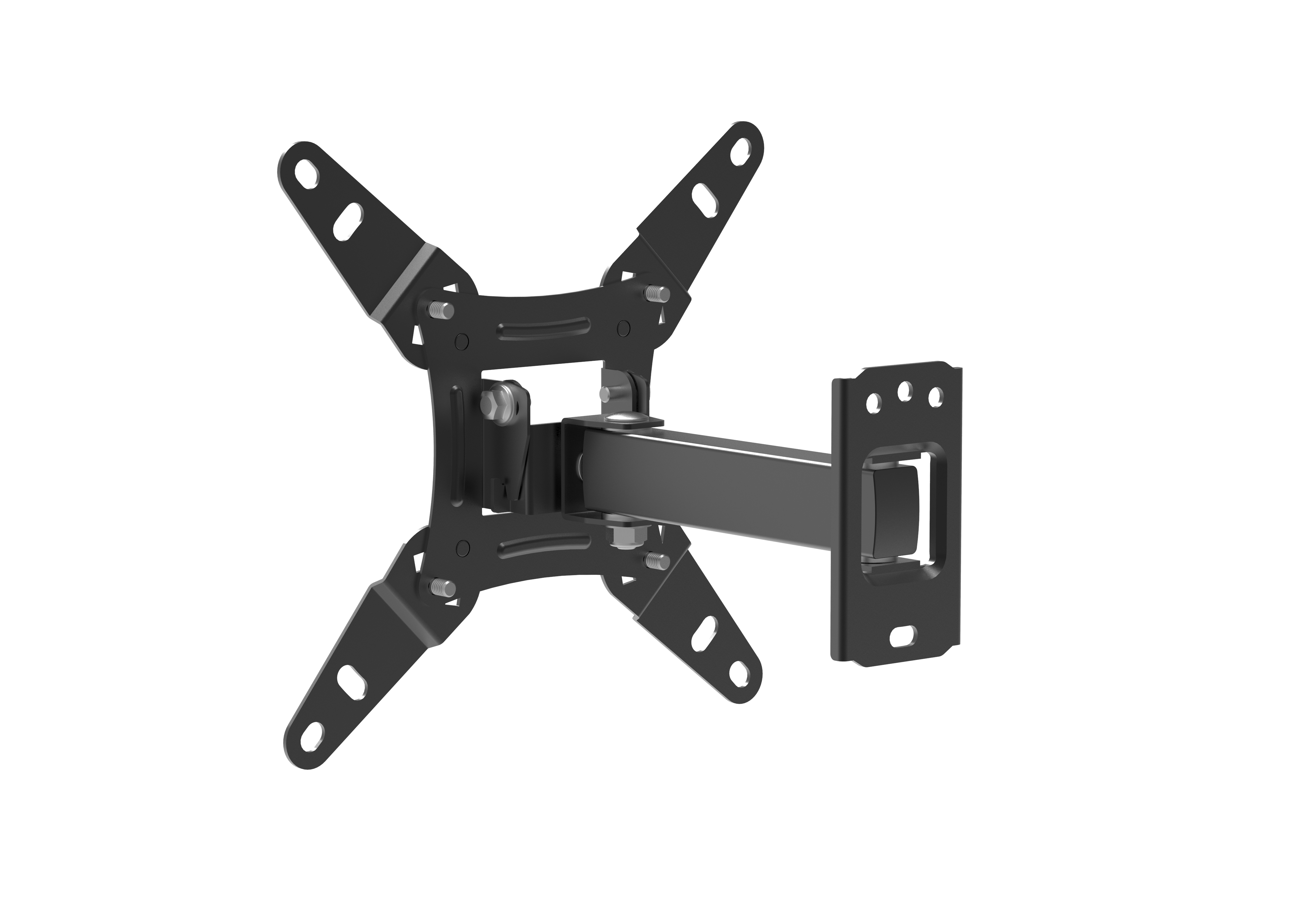 Soporte de pared para TV negro, con un brazo metálico que se extiende desde el soporte.