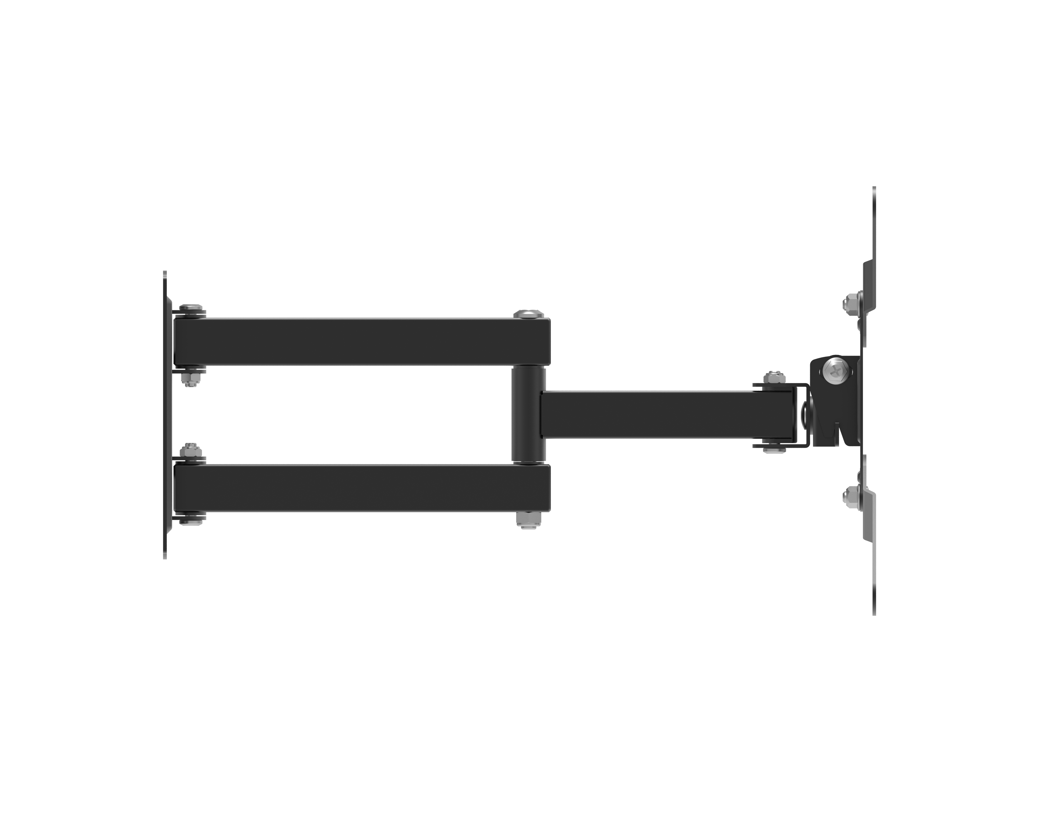 Soporte de TV negro. Dos brazos están montados en la pared y el otro brazo está conectado al televisor.