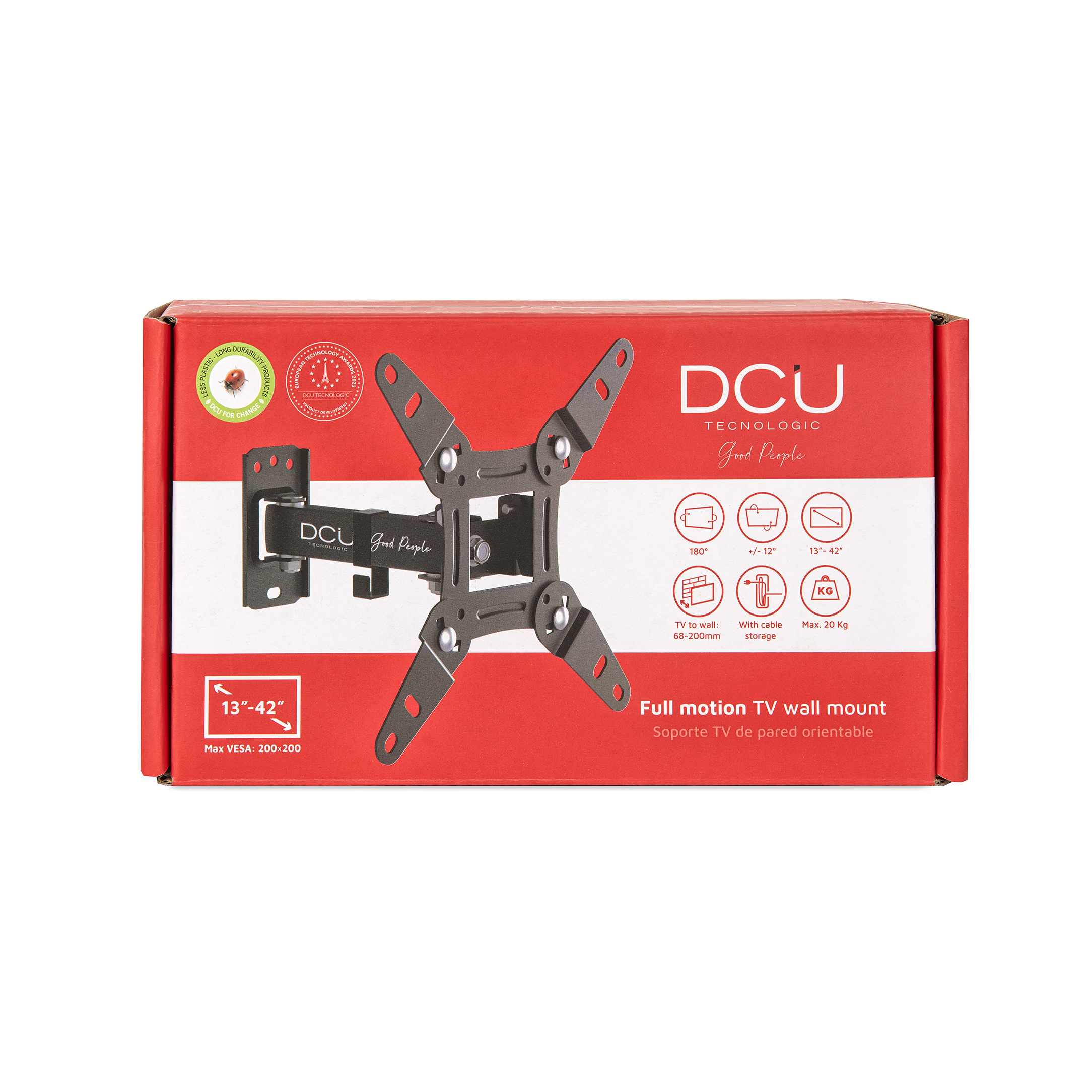 Caja con el logotipo de DCU Tecnologie Good People. Un soporte de TV negro en el interior. Texto: 13-42", Soporte de pared TV de movimiento completo.