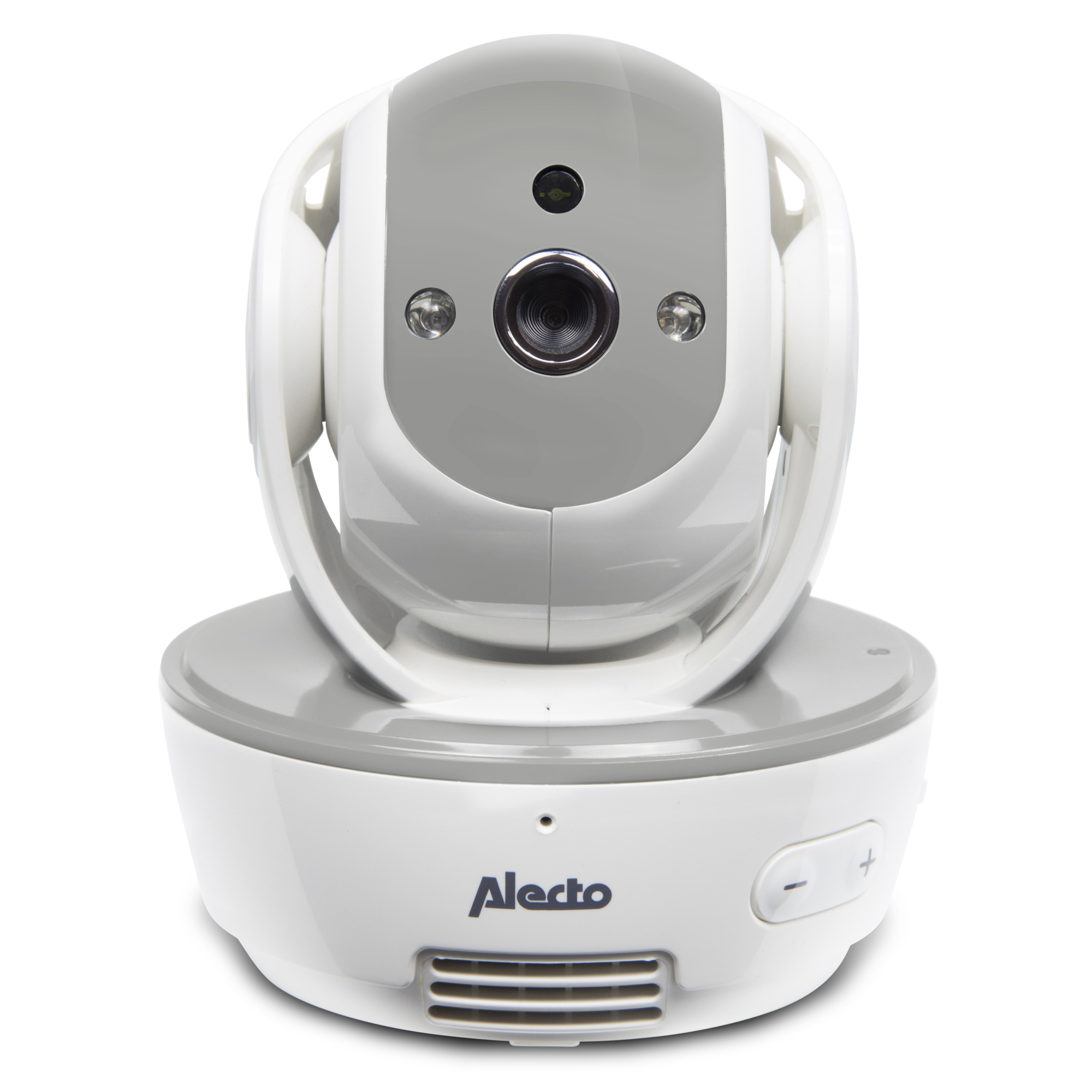 Weiß-grauer Baby-Monitor mit Kamera, Knöpfen und Lautsprecher. Auf weißem Untergrund.