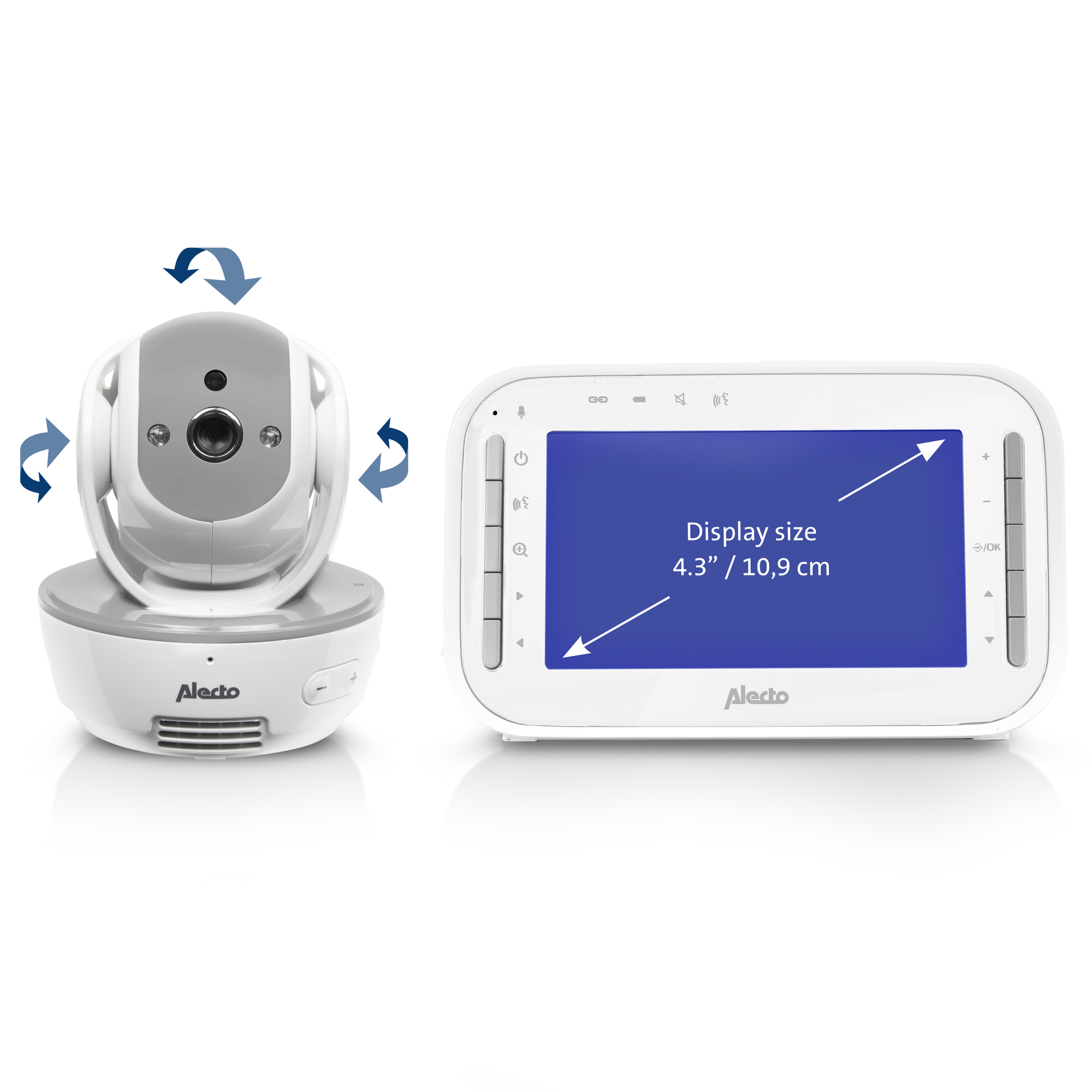 Weißes Babyphone mit einer rotierenden Kamera links und einem Bildschirm rechts, der die Anzeigegröße zeigt.