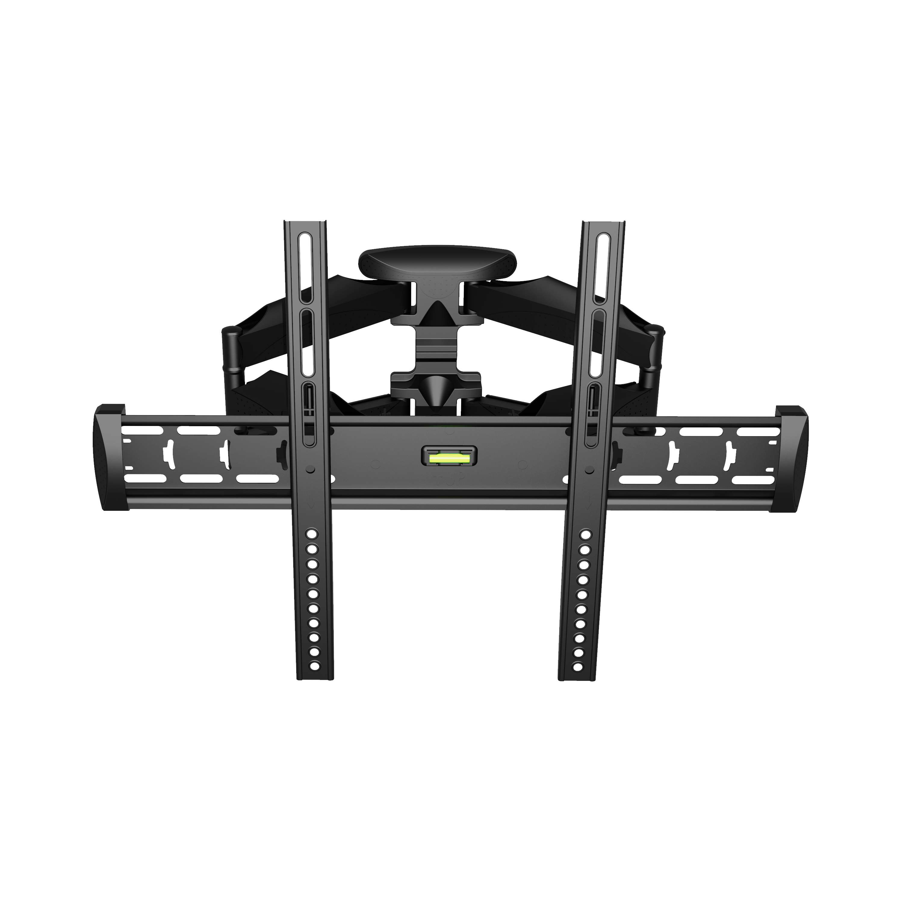 Soporte de pared para TV negro con brazos ajustables y un nivel. El soporte está montado y listo para usar.