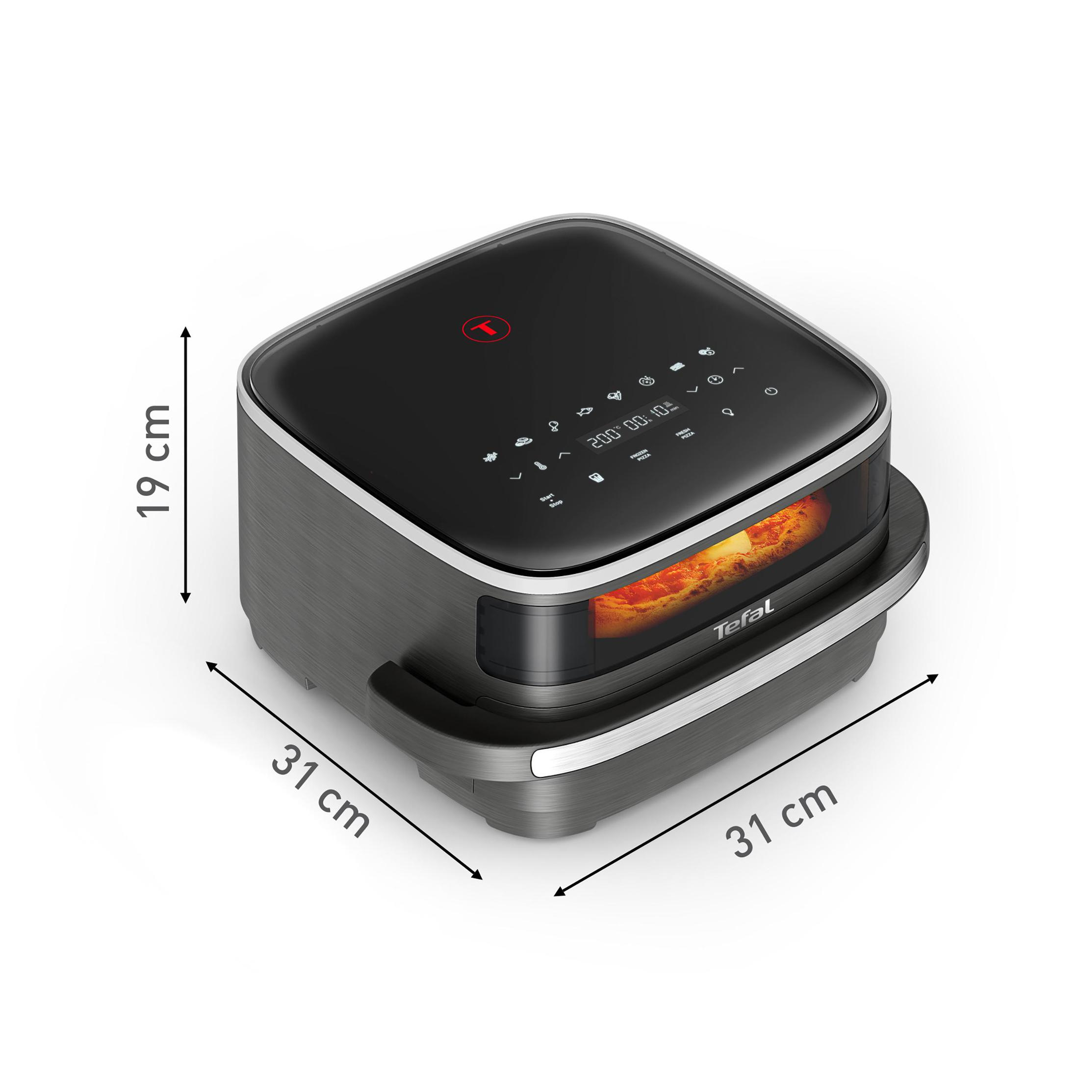 Czarna i szara frytkownica powietrzna z wymiarami. Wyświetlacz pokazuje temperaturę i czas. Ma uchwyt i okno.