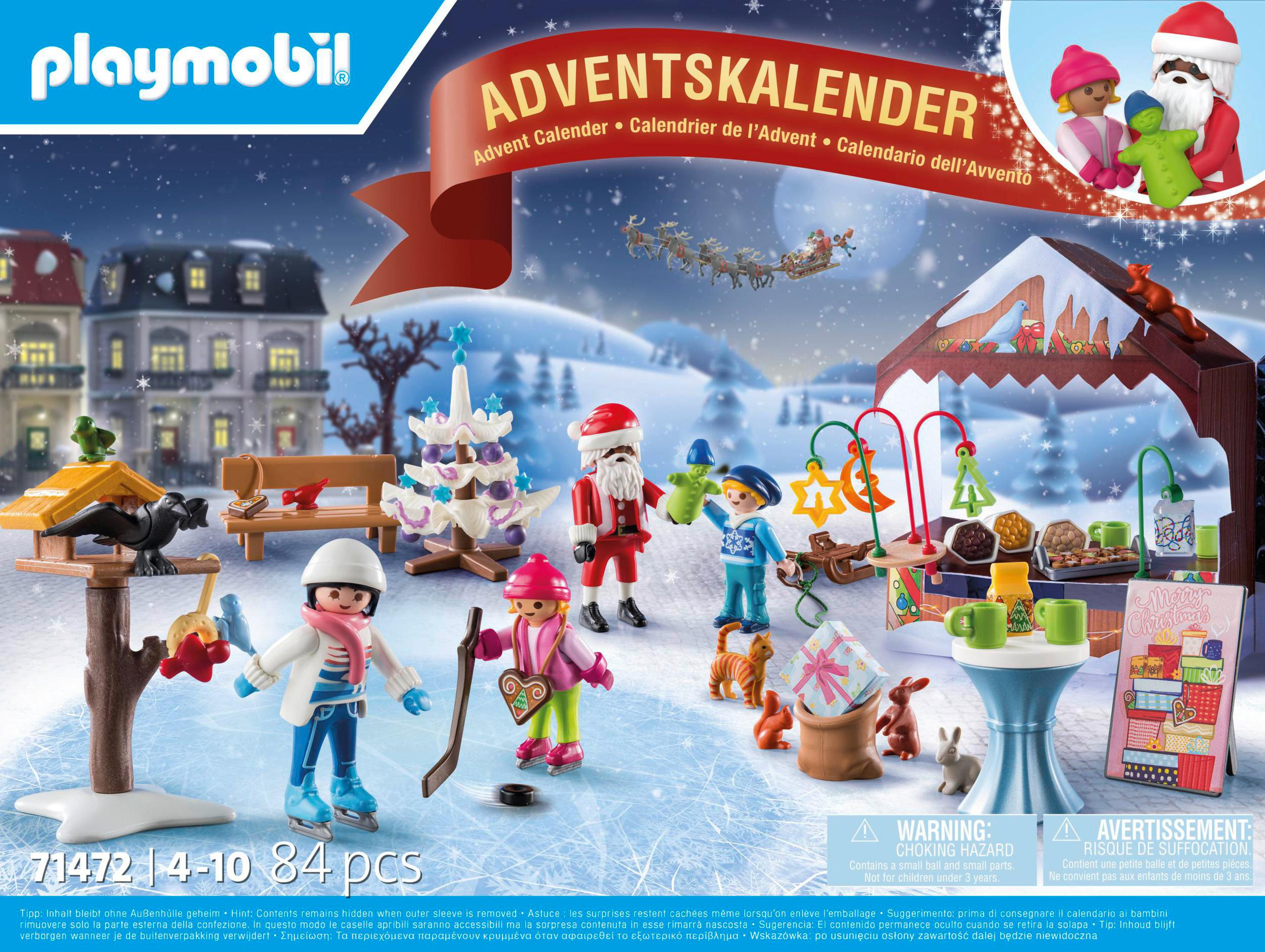 Playmobil Adventskalender-Box-Set mit Figuren und Szene auf weißem Hintergrund.