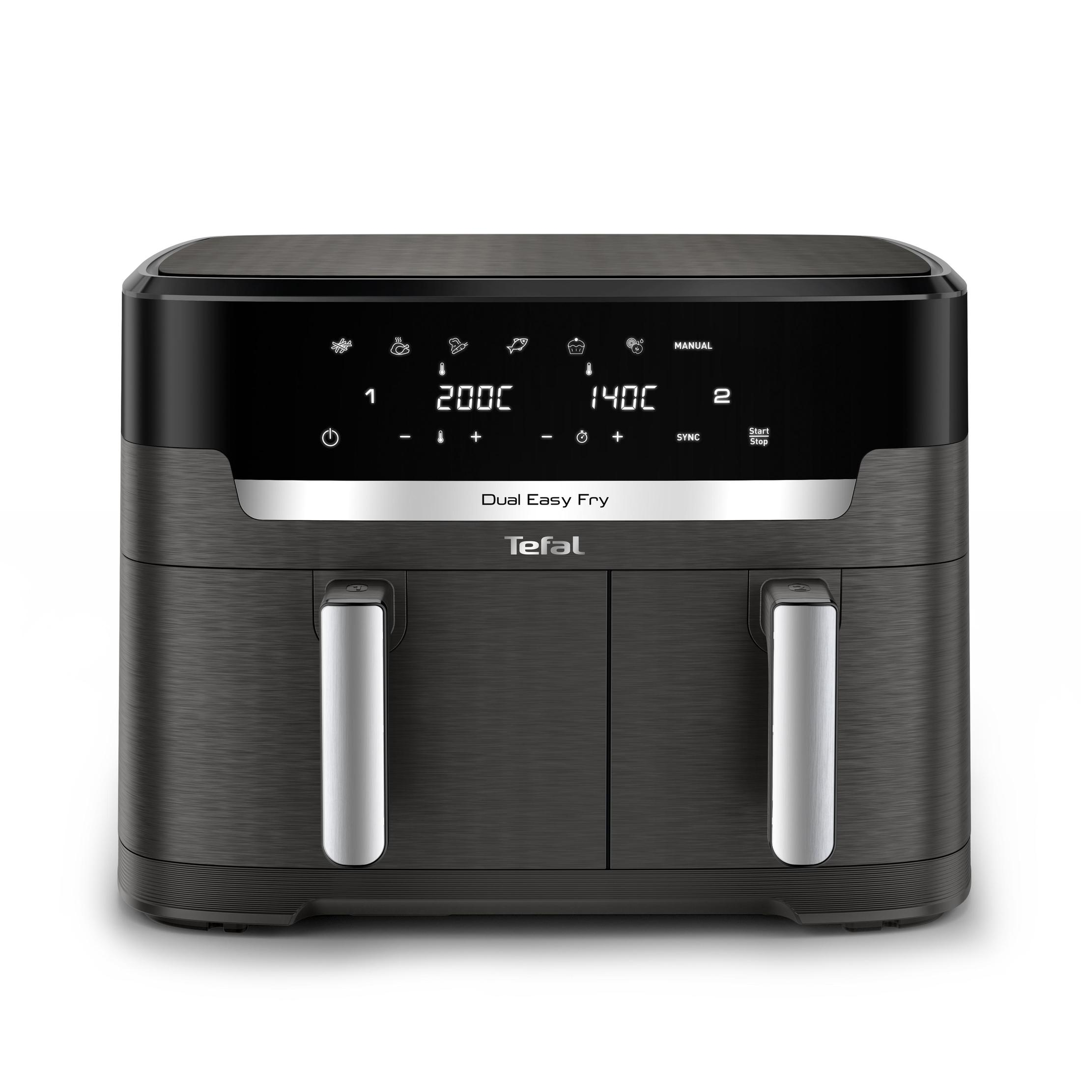 Dual Easy Fry airfryer. Zwart met zilveren handgrepen en digitaal display. Twee kookzones.