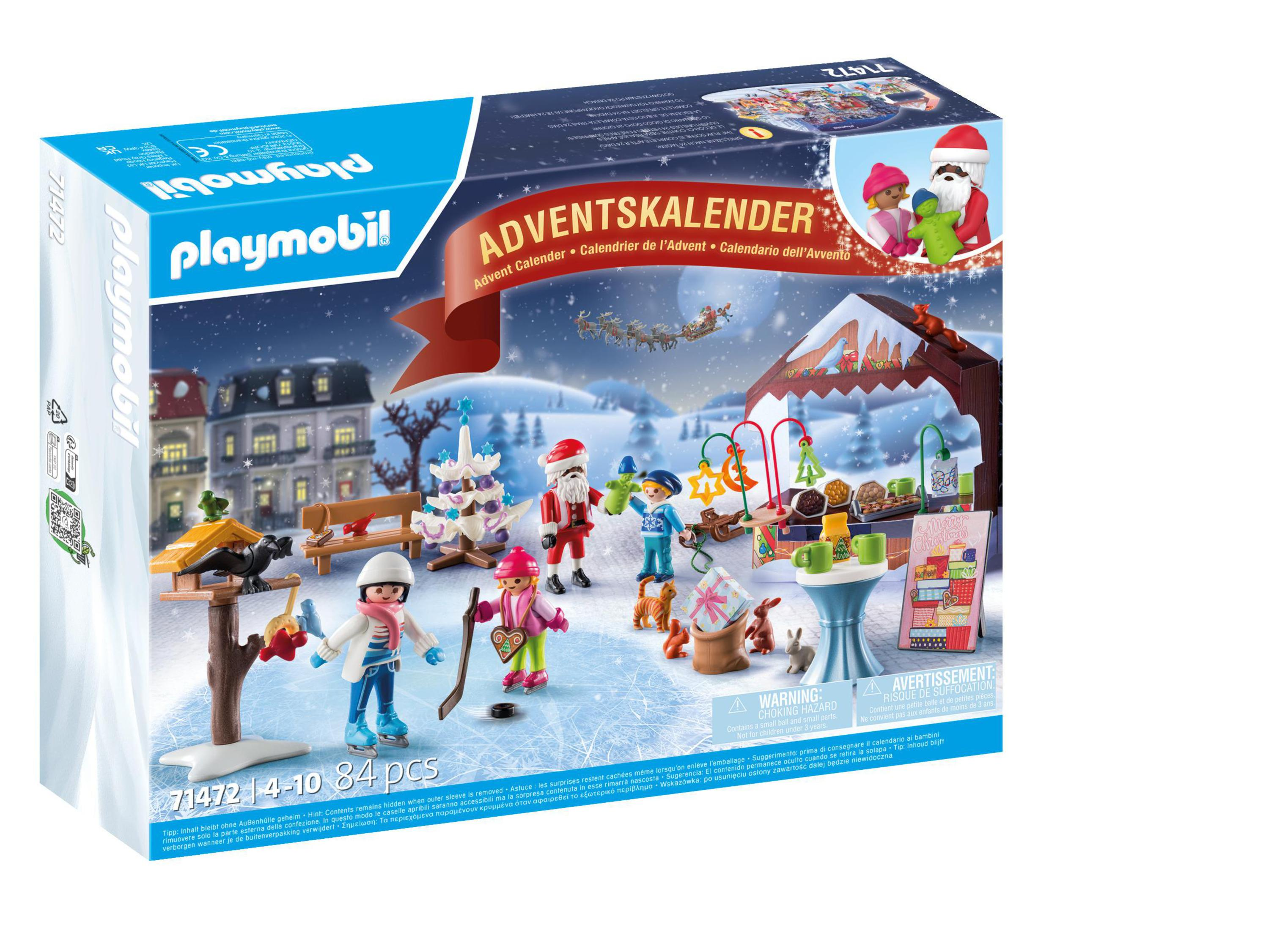 Playmobil Adventskalender-Box mit Figuren und einer Winterszene.