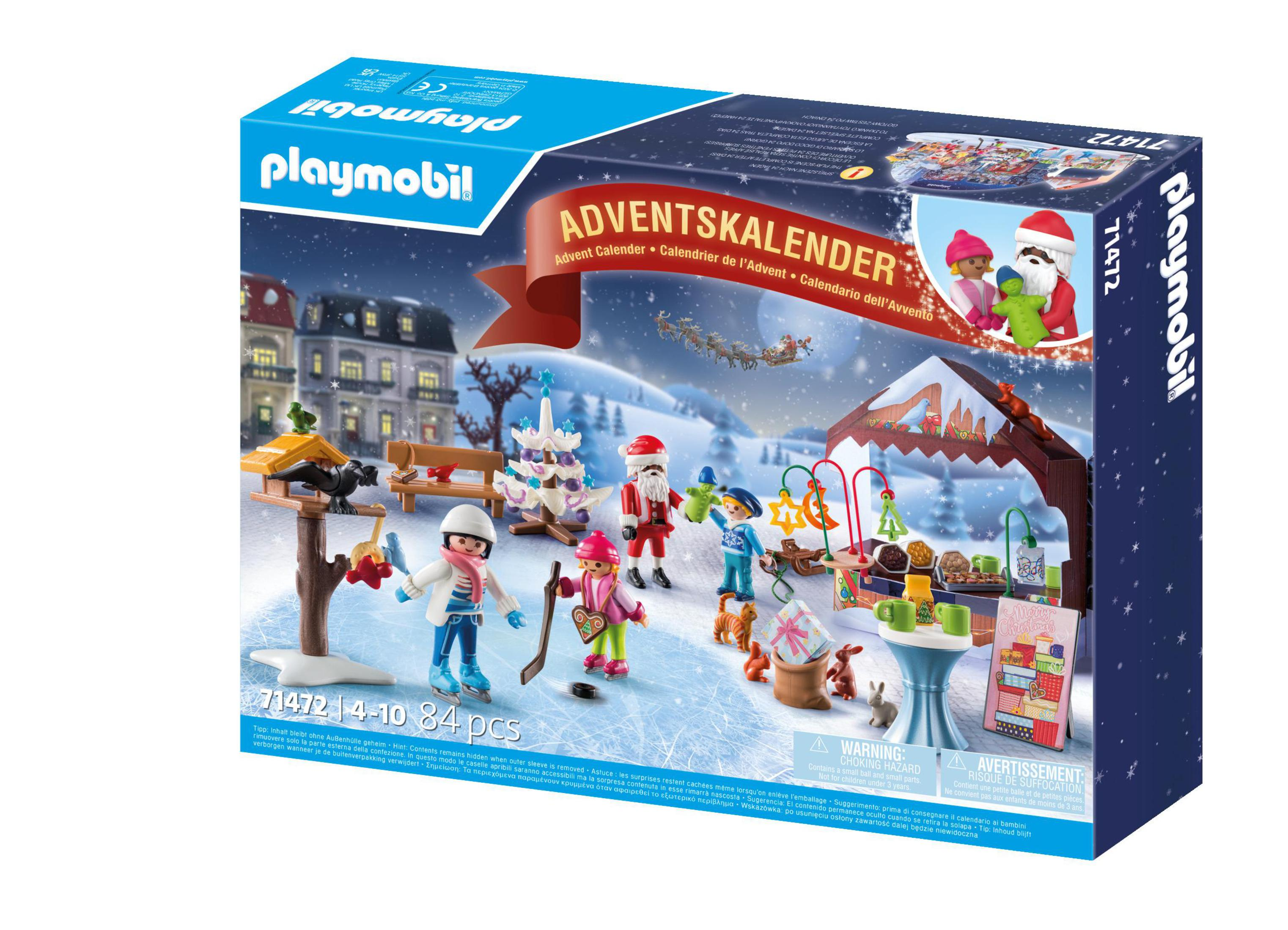 Playmobil Adventskalender-Box. Zeigt eine Winterszene mit Figuren und Schneelandschaft.