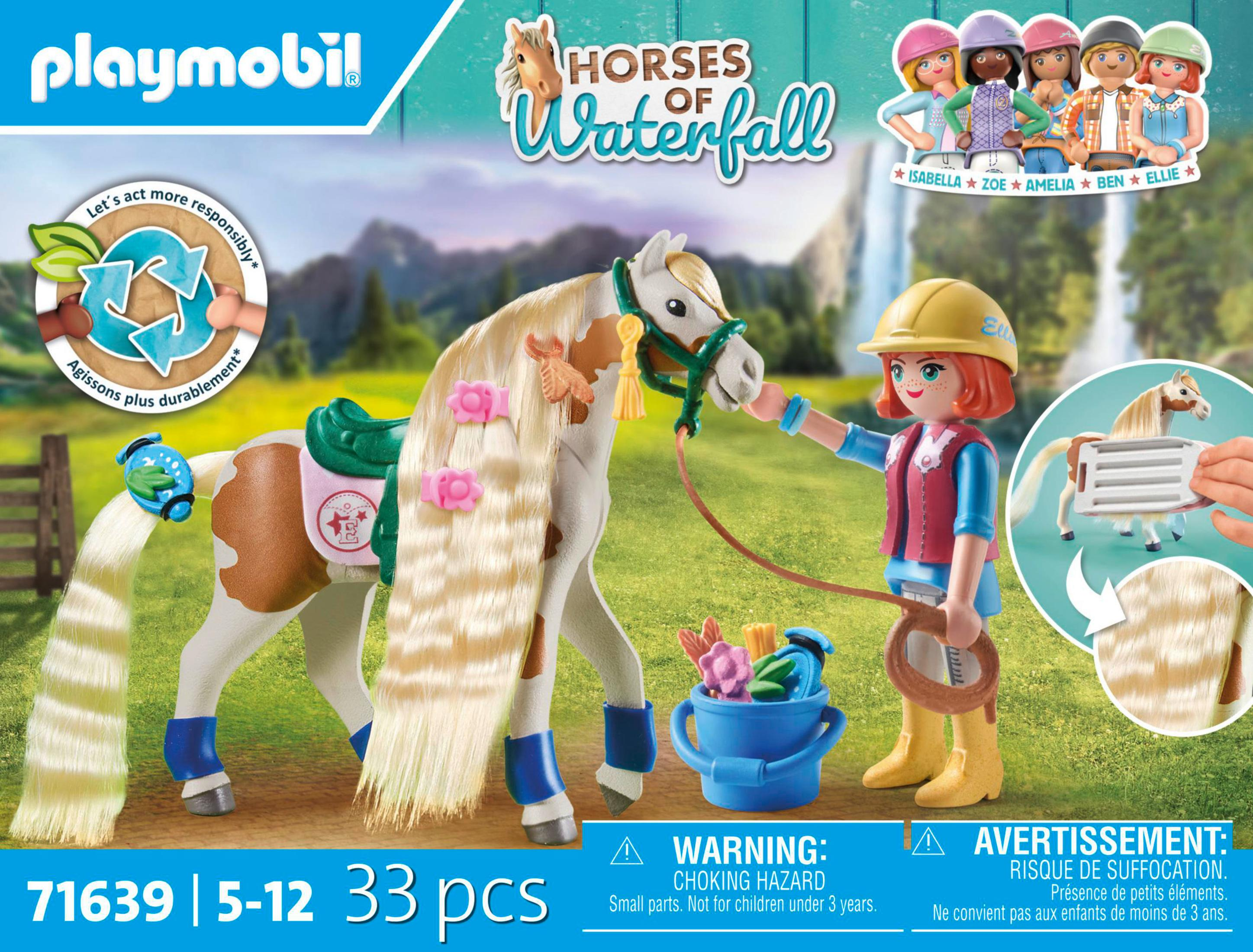 Set di cavalli Playmobil con una ragazza e un cavallo. La scatola dice Horses of Waterfall.