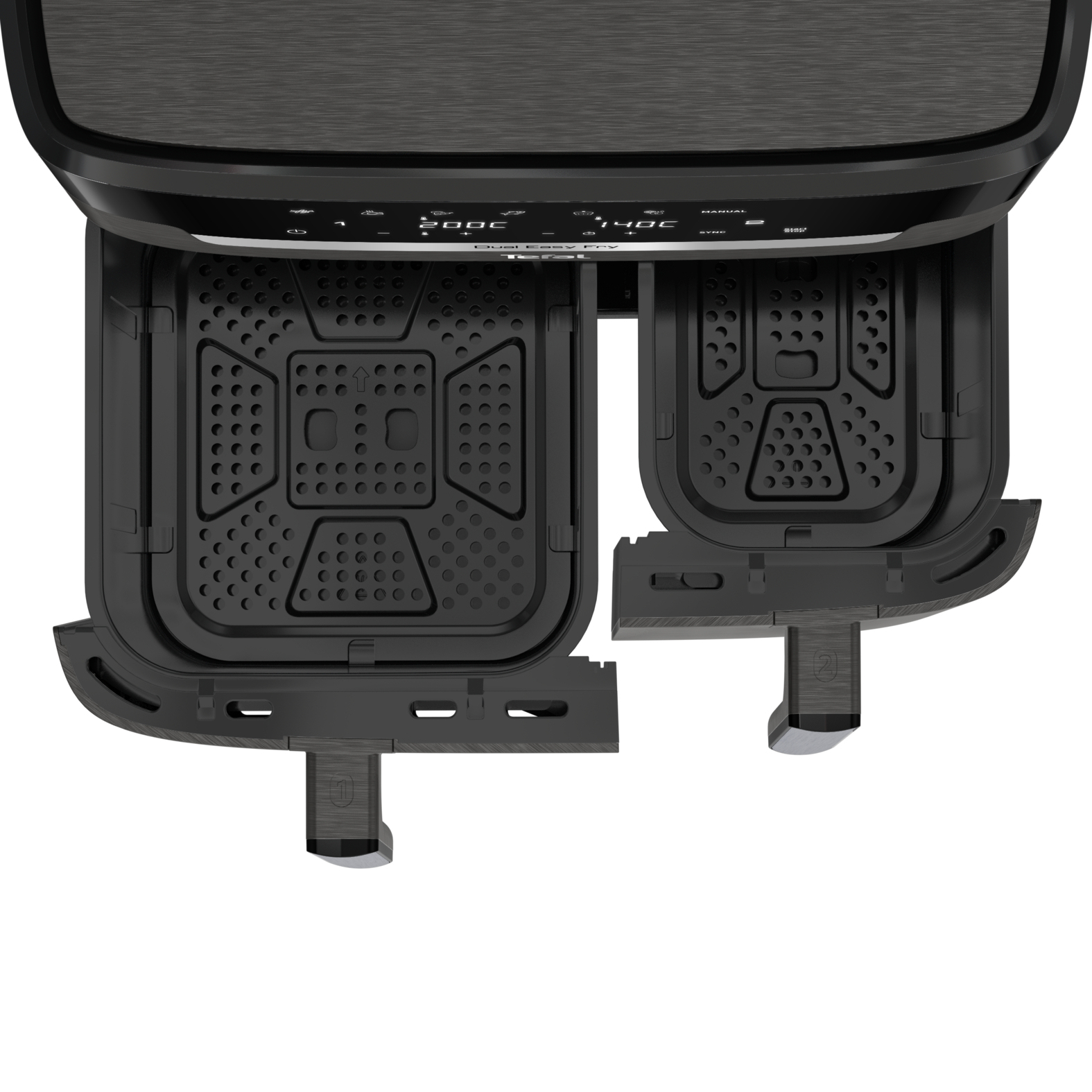Een geopende airfryer met twee compartimenten, die de binnenkant laat zien. De airfryer is zwart.