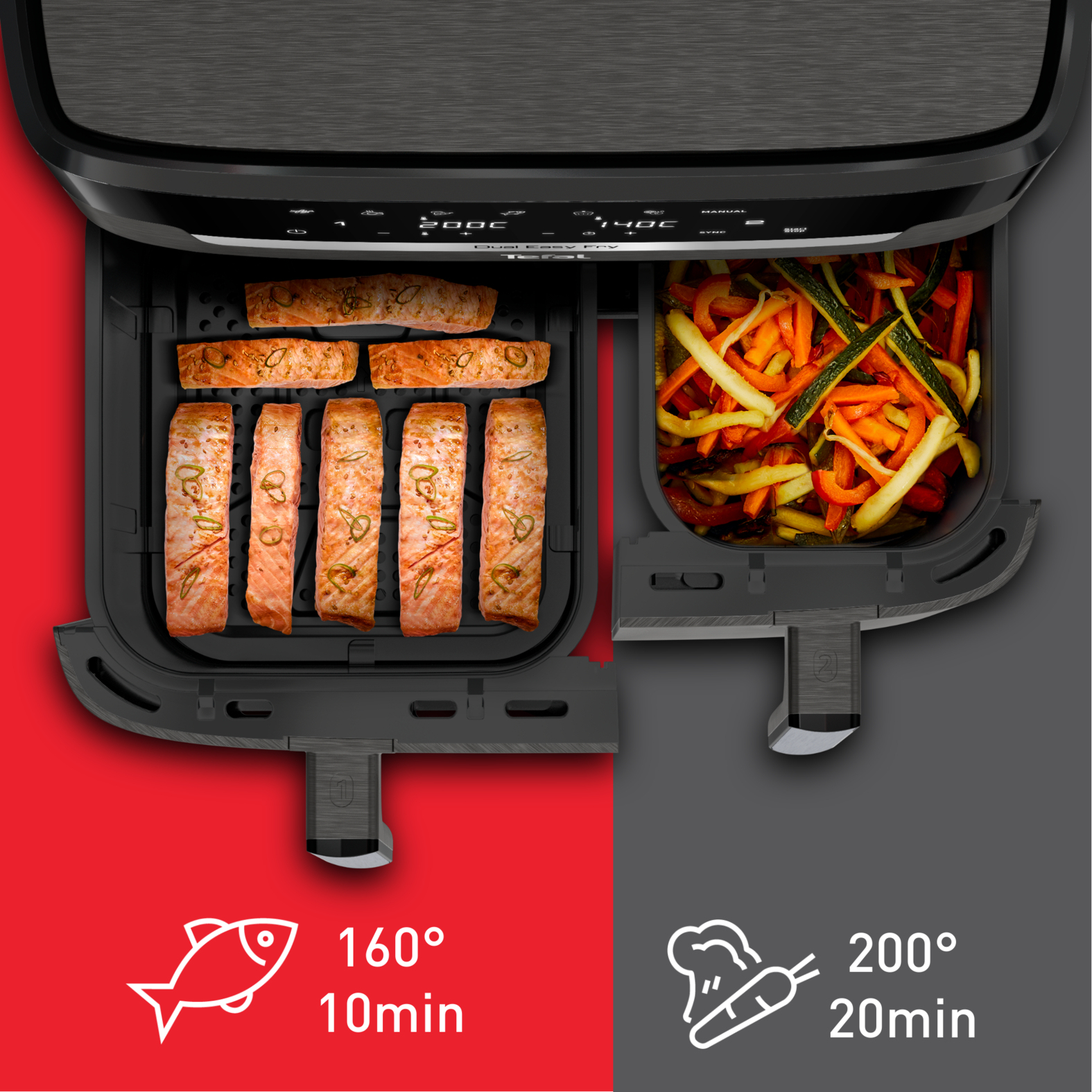 Airfryer met gekookte zalm en groenten. Instructies: vis 160°C/10min, groenten 200°C/20min.