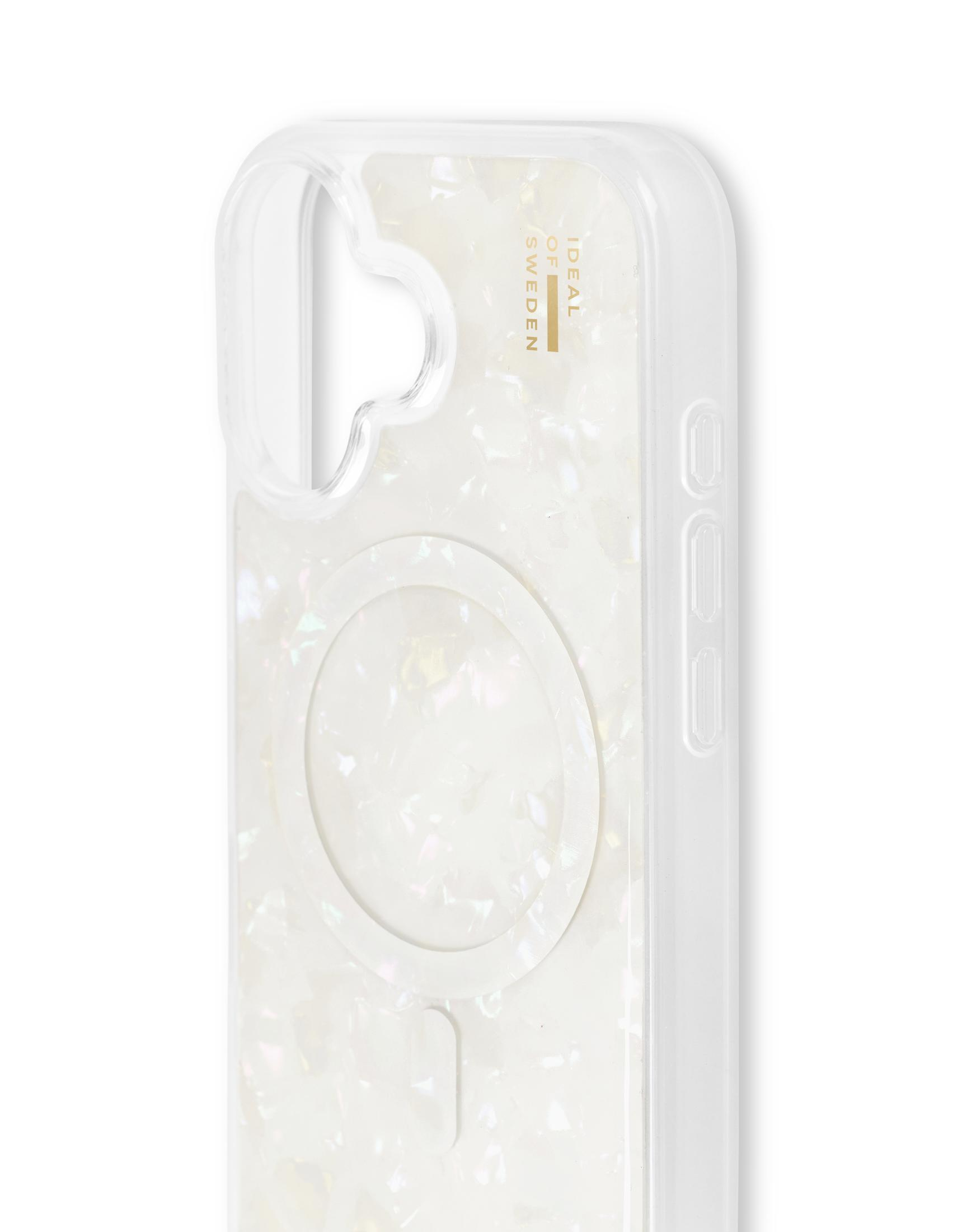 Weißes und transparentes Handycase mit perlmuttartiger Rückseite und Magnetring.