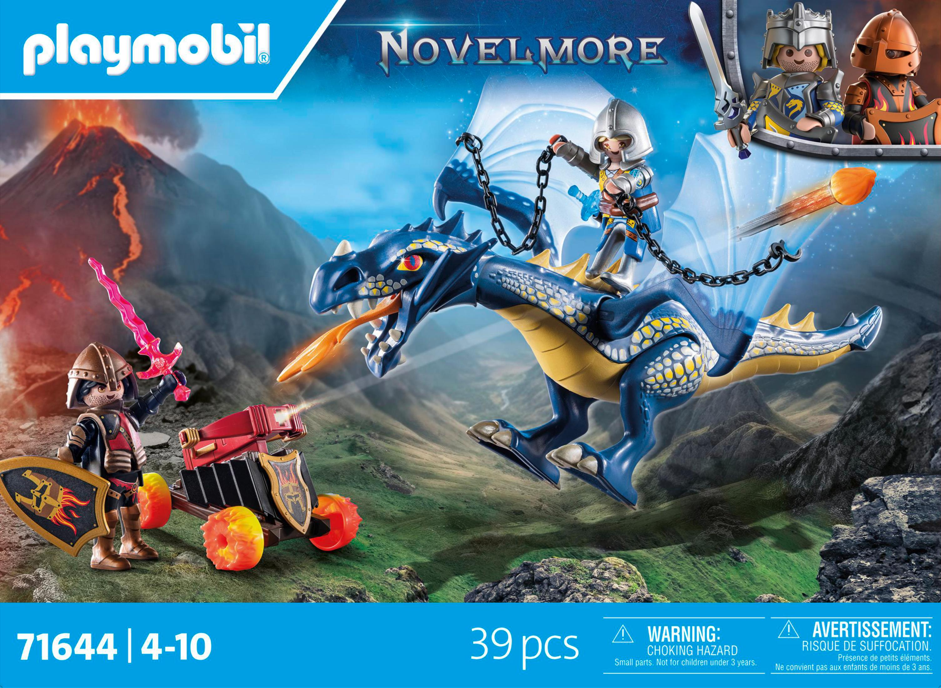 Playmobil-Set, ein Ritter reitet auf einem blauen Drachen. Es gibt zwei weitere Ritter mit Waffen und einer Kanone.