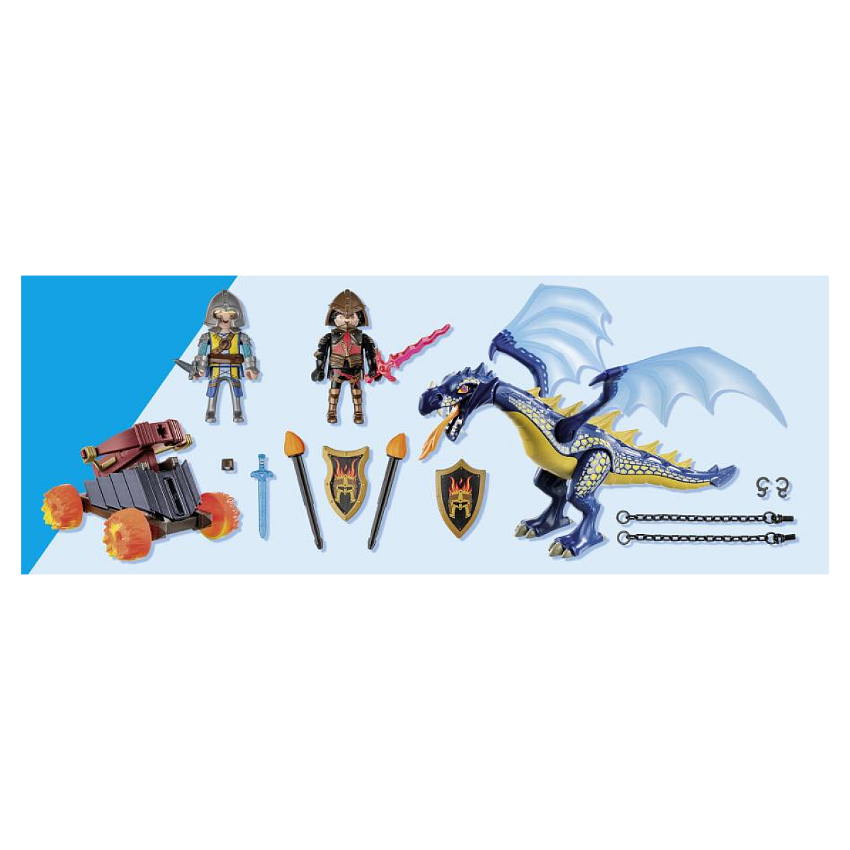 Ein Set von Spielfiguren, darunter Ritter, ein Drache und Waffen, alles auf weißem Hintergrund.