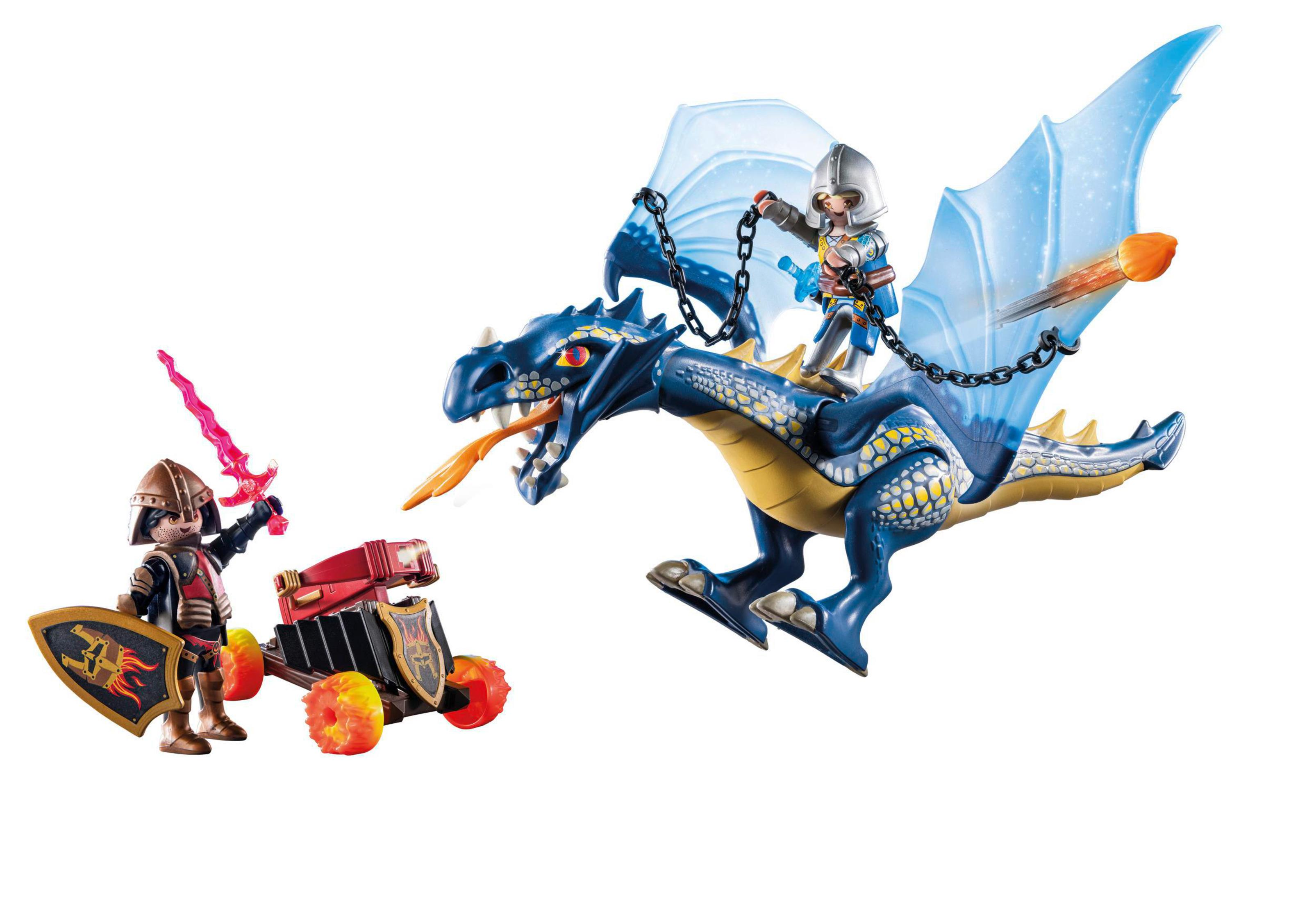 Playmobil Ritter und Drachen Set. Ein Ritter reitet auf dem Drachen, ein anderer verteidigt einen Wagen.