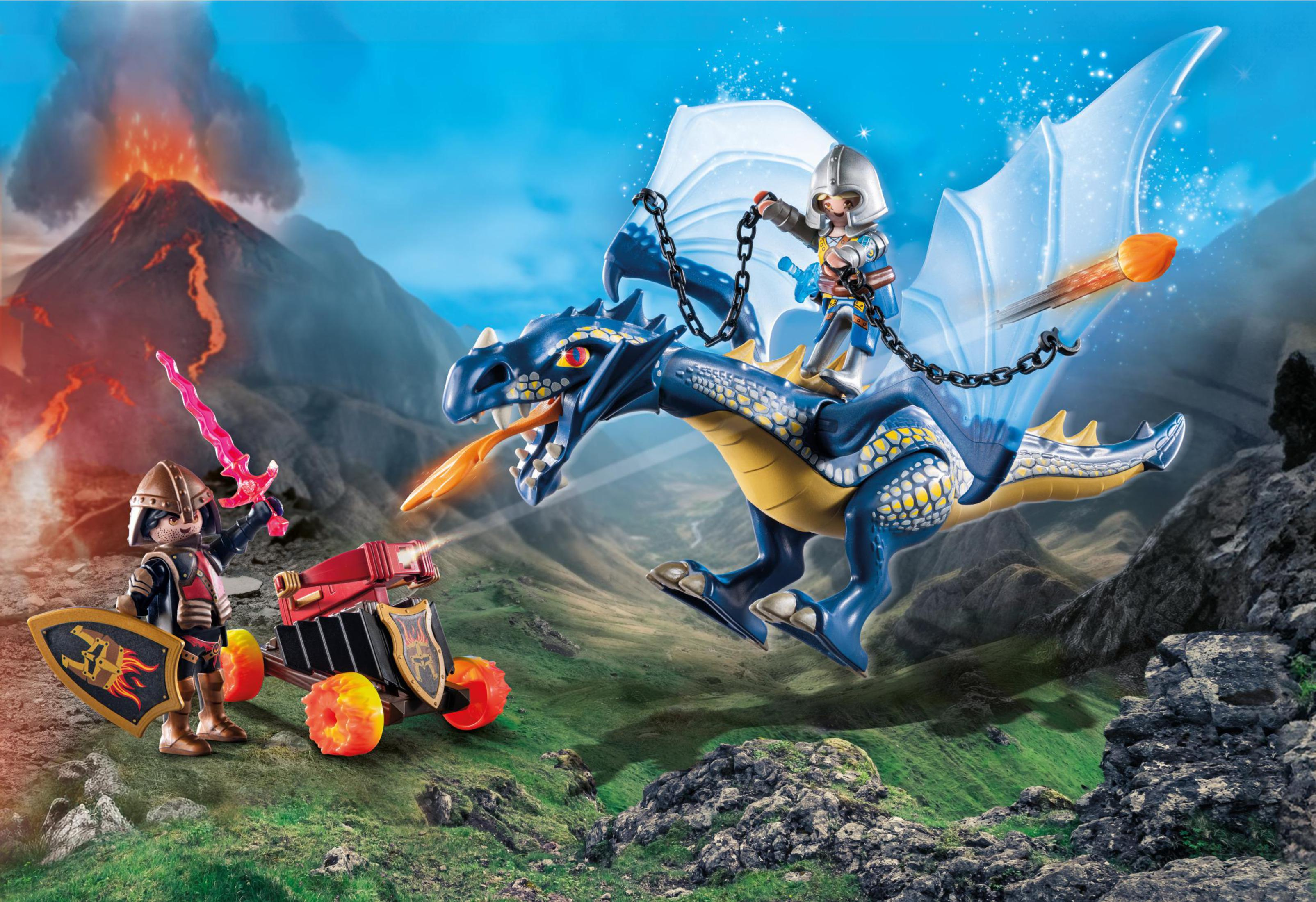 Playmobil-Szene: ein Ritter auf einem blauen Drachen, ein weiterer Ritter mit einer Kanone und ein Vulkan.