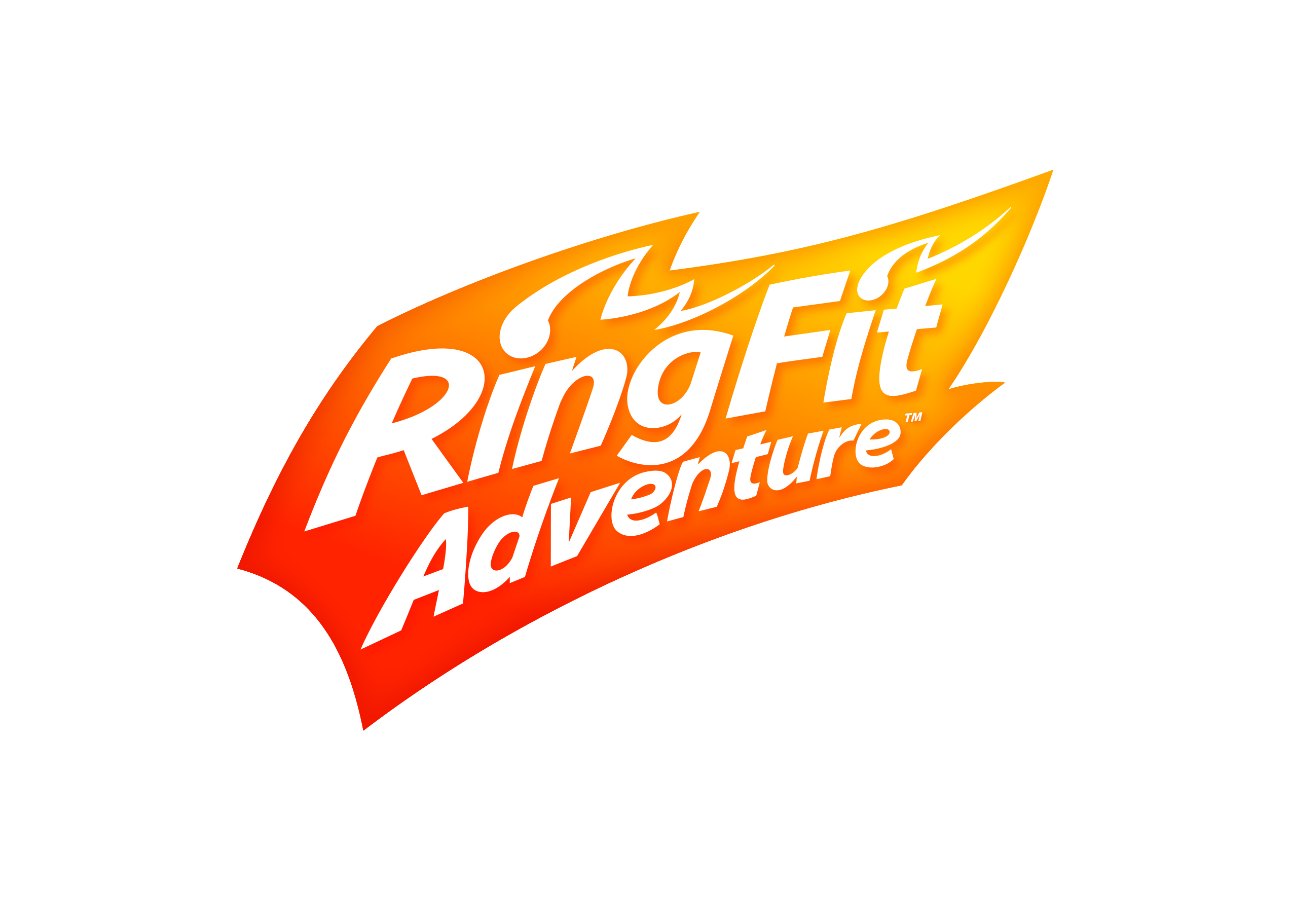 Ring Fit Adventure-Logo in Flammen, mit weißem Text auf rotem und gelbem Hintergrund.
