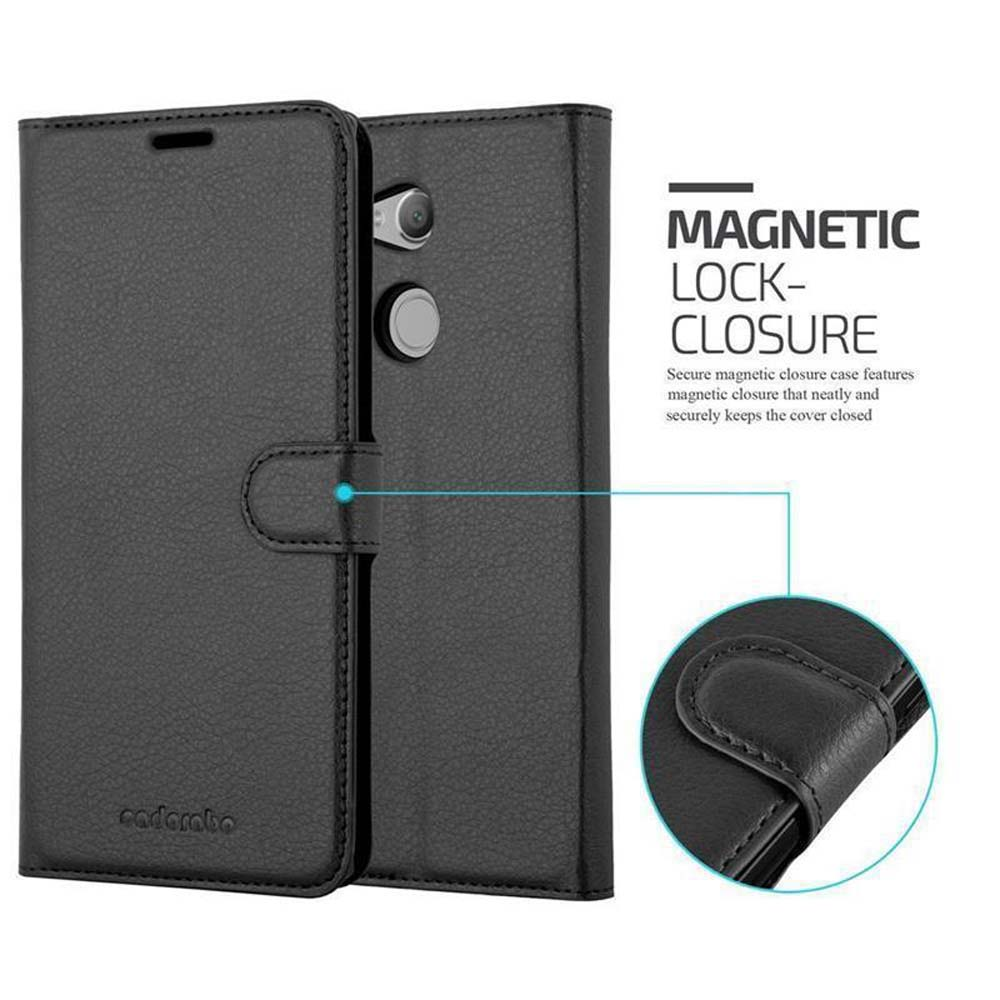 Una custodia per telefono nera con chiusura magnetica, che mostra dettagli e un primo piano della chiusura.