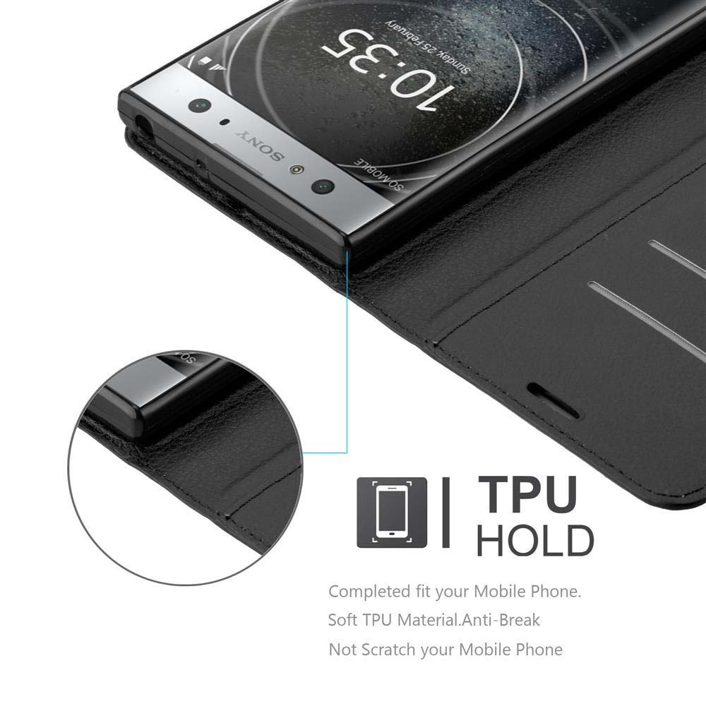 Telefono nero in una custodia in pelle nera, aperta. Il testo indica supporto TPU, anti-rottura, antigraffio e materiale morbido.