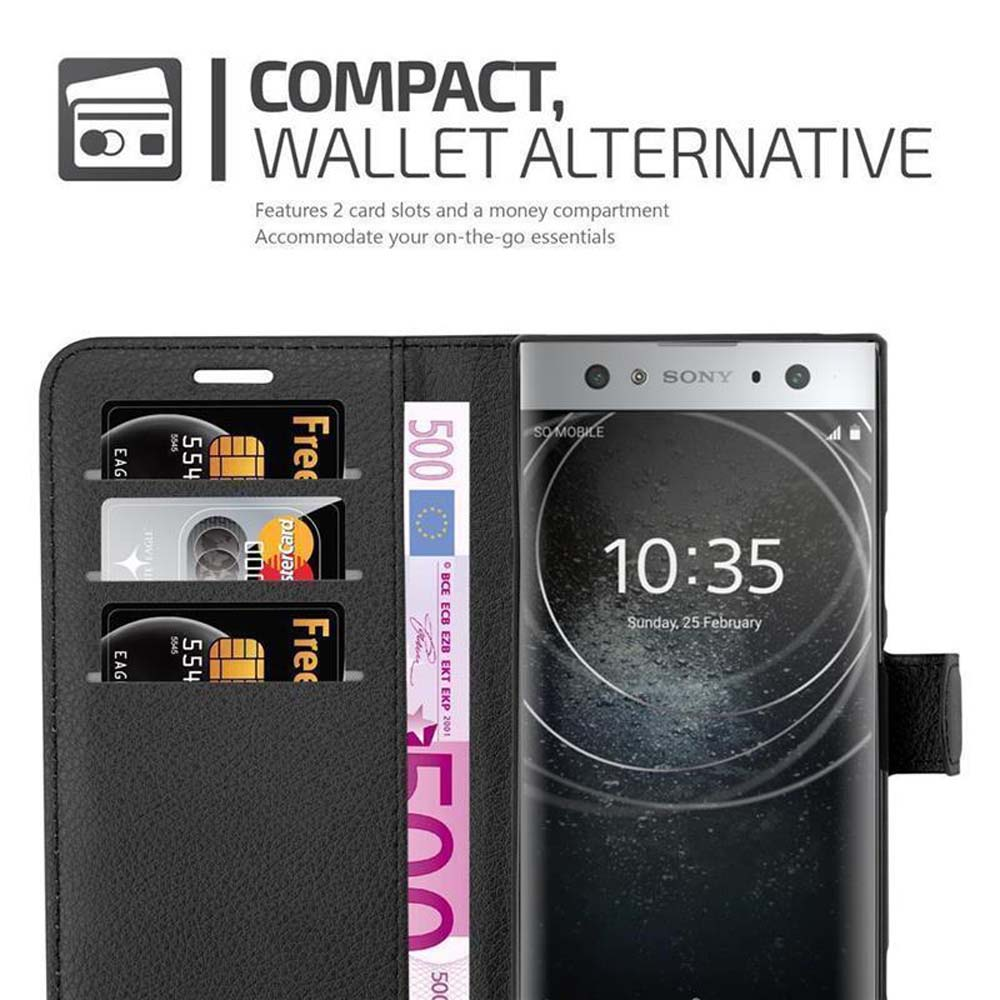 Portafoglio nero aperto con fessure per carte e scomparto per denaro, che contiene uno smartphone e denaro.