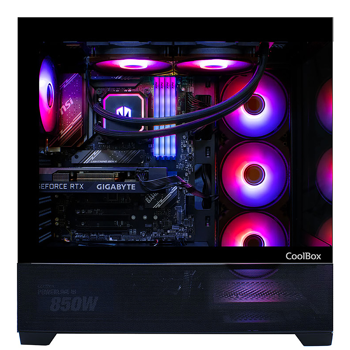 Vista interna de una caja de computadora con componentes iluminados. Tarjeta gráfica, ventiladores y placa base visibles.