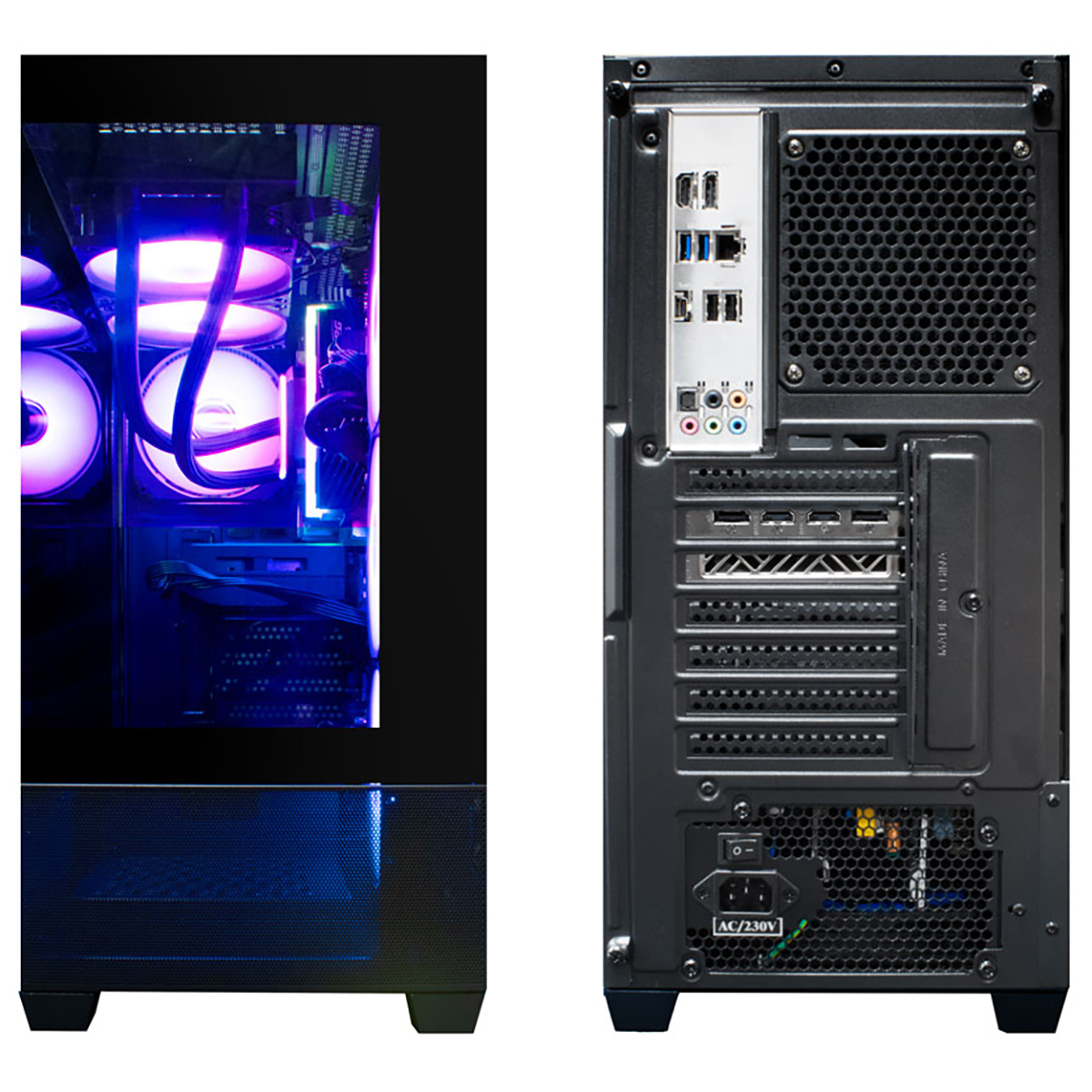 Cassa del PC anteriore e posteriore. La parte anteriore mostra i componenti attraverso il vetro, la parte posteriore mostra le porte e la ventilazione.