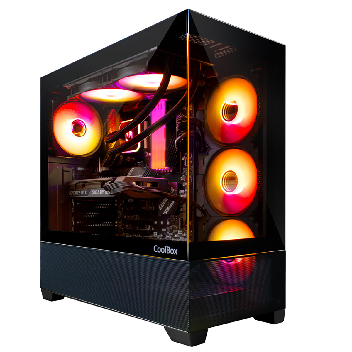 Caja de ordenador negra con panel lateral de vidrio que muestra componentes internos con luces coloridas.