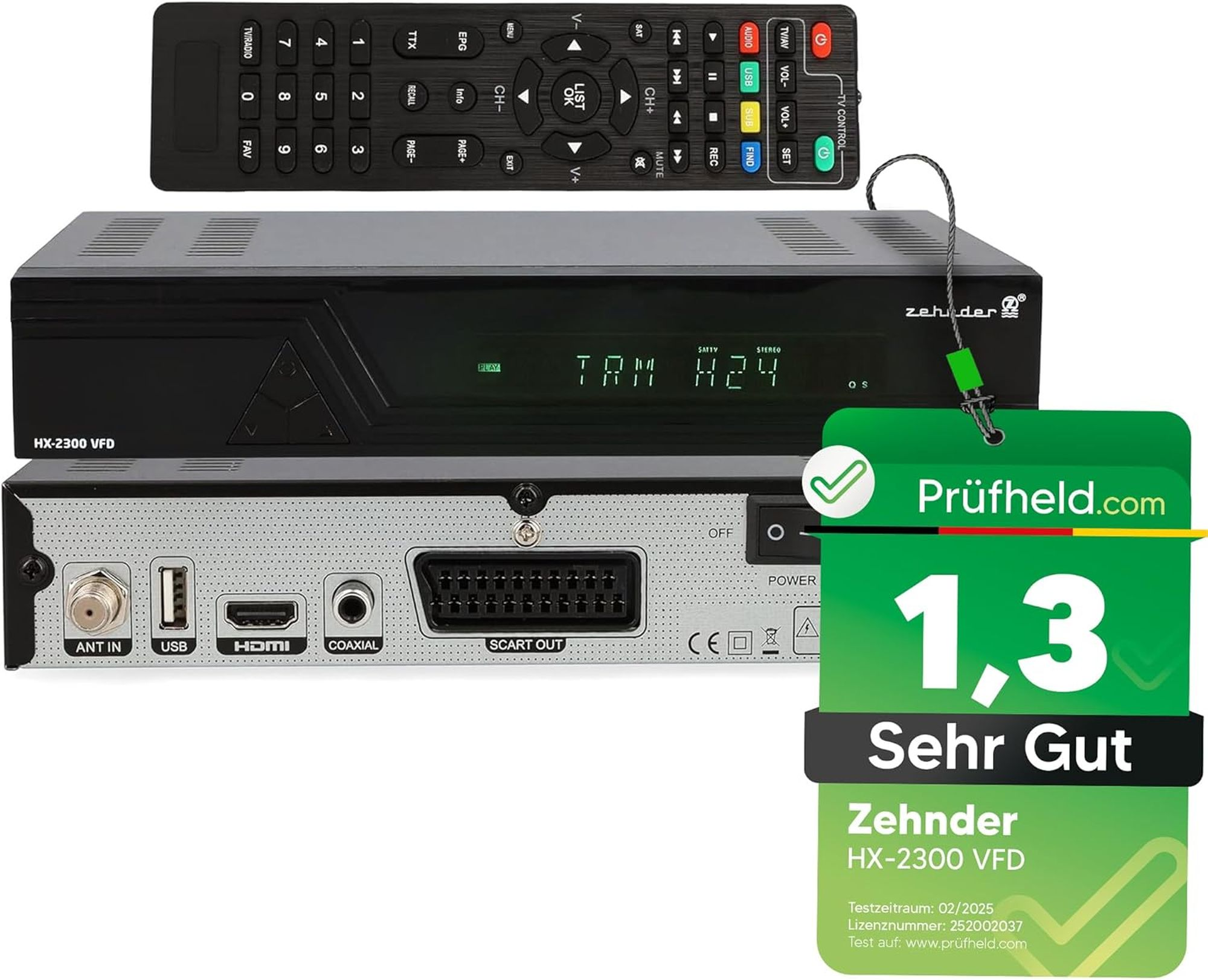 Schwarzer TV-Receiver mit Fernbedienung und Testbericht. Er hat mehrere Anschlüsse und ein grünes Prüfheld.com-Label.