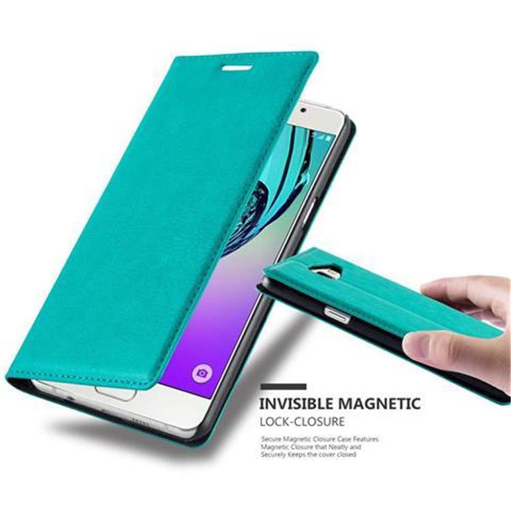 Funda de teléfono turquesa abierta, mostrando teléfono. Cierre magnético.