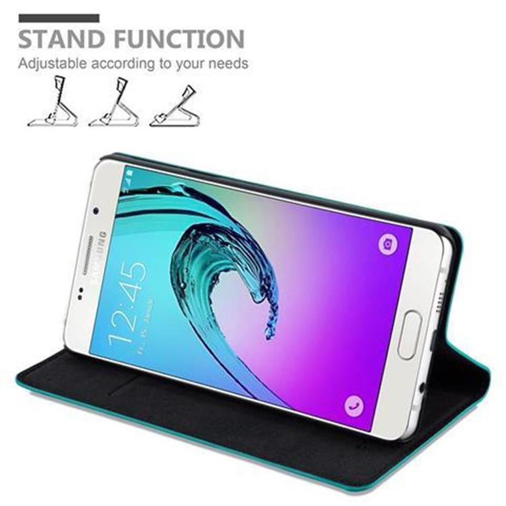 Un teléfono blanco en una funda negra, mostrado en función de soporte.