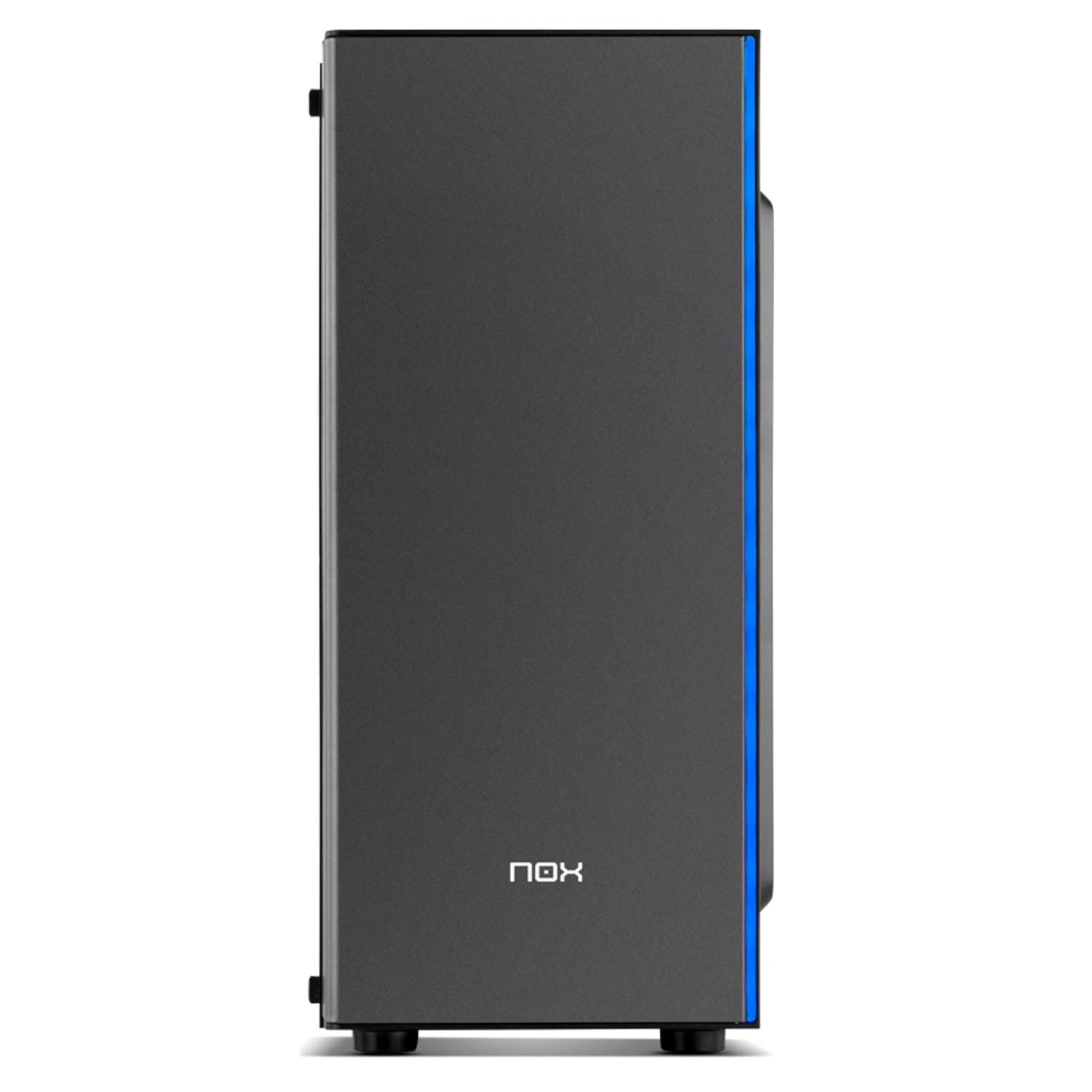Una caja de computadora negra con una tira de luz azul en el lado derecho. El logo de Nox es visible.