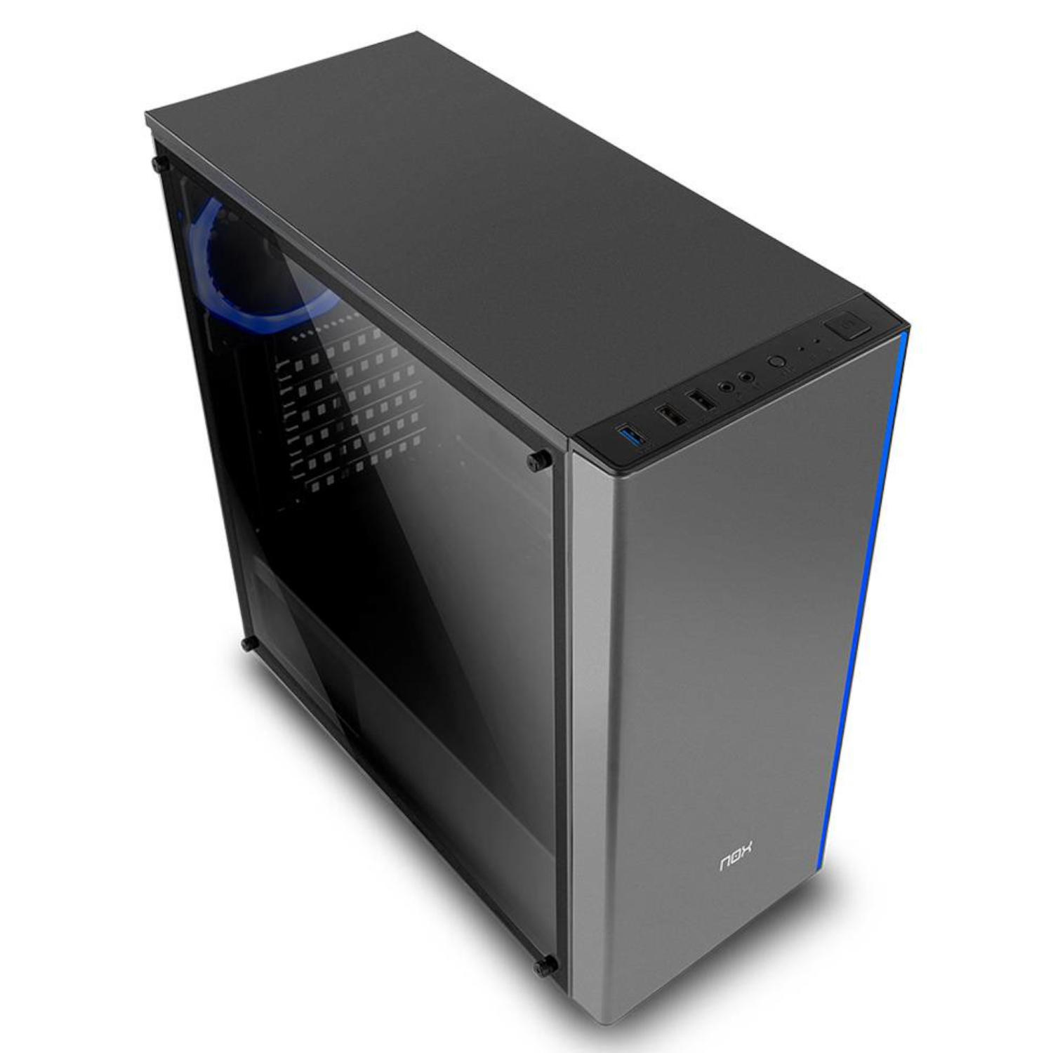 Caja de ordenador negra con panel de cristal. La caja tiene luces azules en el lateral.