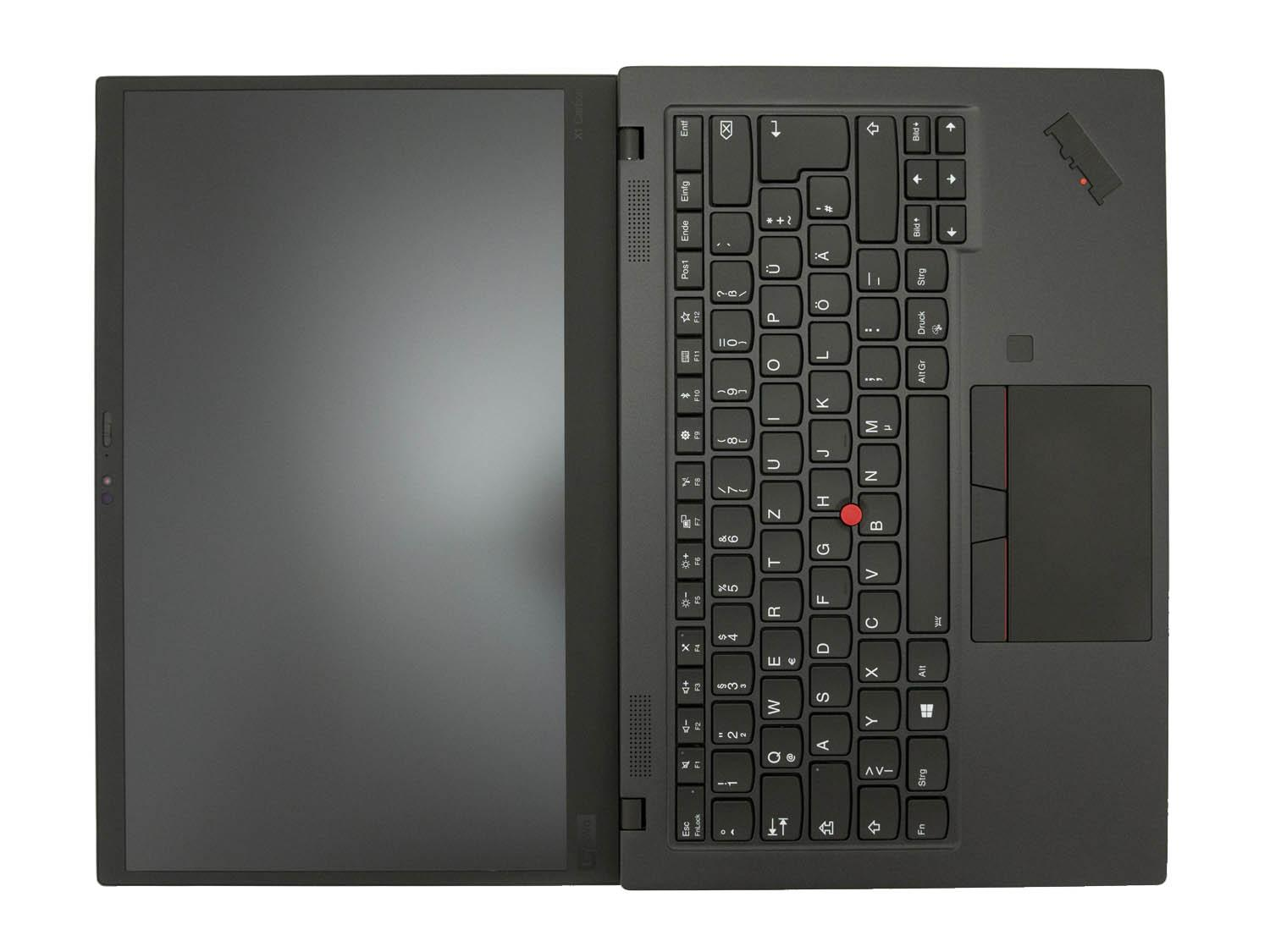 Laptop offen, schwarz. Tastatur sichtbar. Draufsicht, isoliert auf weißem Grund.