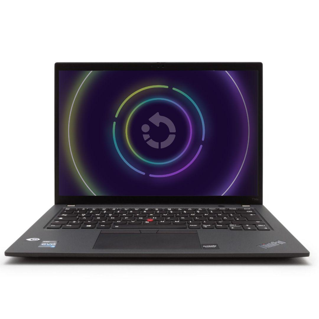 Schwarzer Laptop mit einem Bildschirm, der eine kreisförmige Grafik zeigt. Thinkpad und evo Logos.