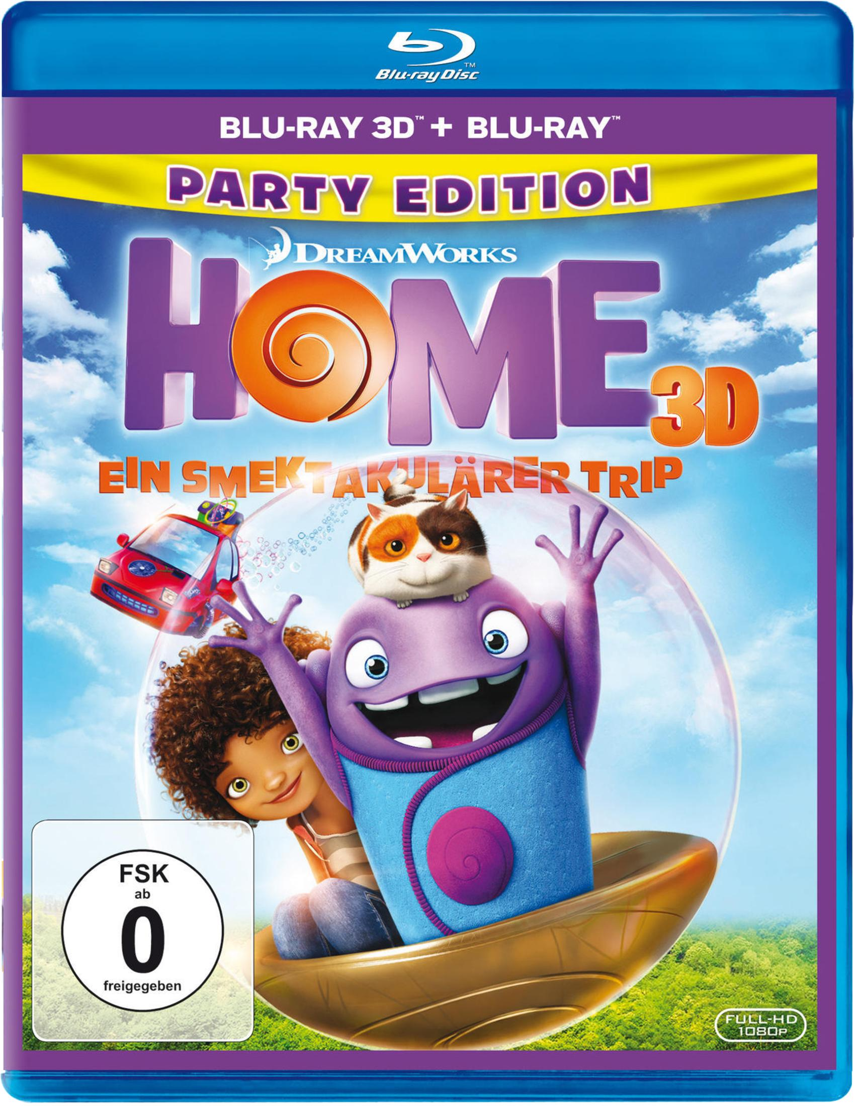 Blu-ray-Hülle des Films Home mit einer lila Alienfigur, einem Mädchen und einer Katze in einem fliegenden Gefährt.
