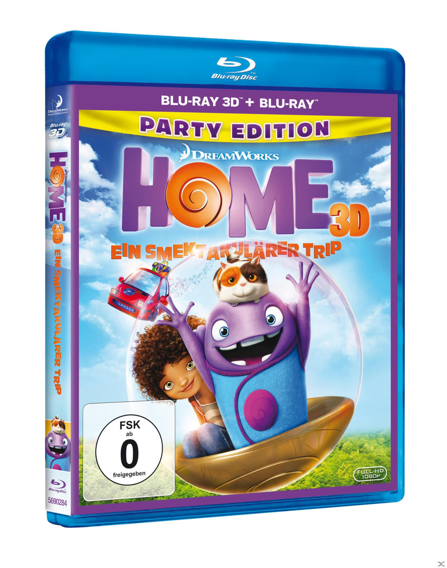 Blu-ray-Hülle des Animationsfilms Home 3D mit Charakteren Oh und Tip vor blauem Himmel.