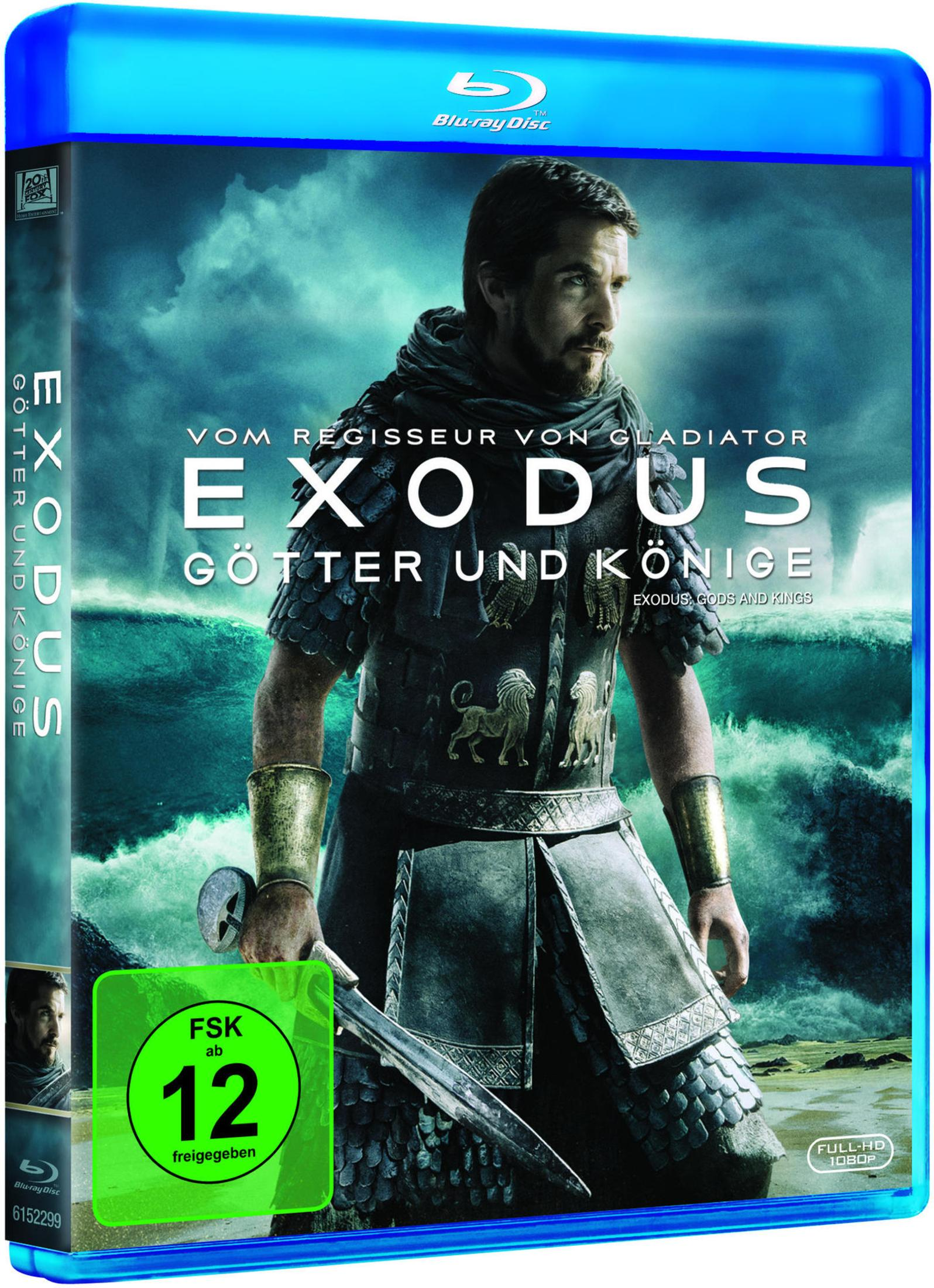 Blu-ray-Hülle des Films Exodus: Götter und Könige mit Christian Bale in Rüstung vor stürmischer See.