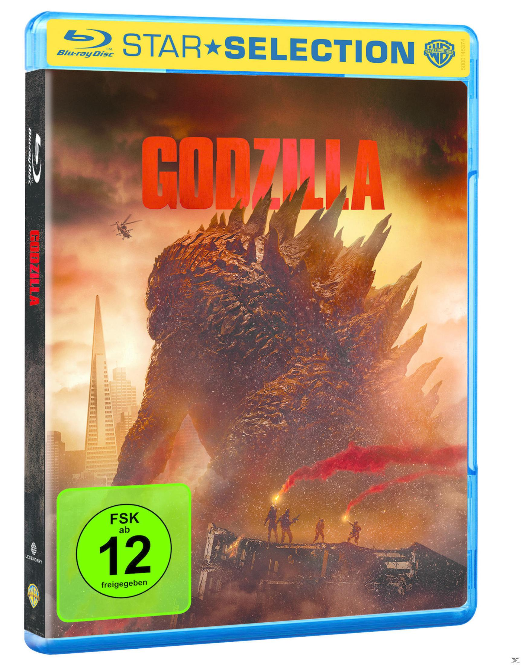 Godzilla Blu-ray-Cover. Godzilla-Figur steht im Mittelpunkt, der Titel ist rot. Soldaten auf einer Struktur, Hubschrauber am Himmel.