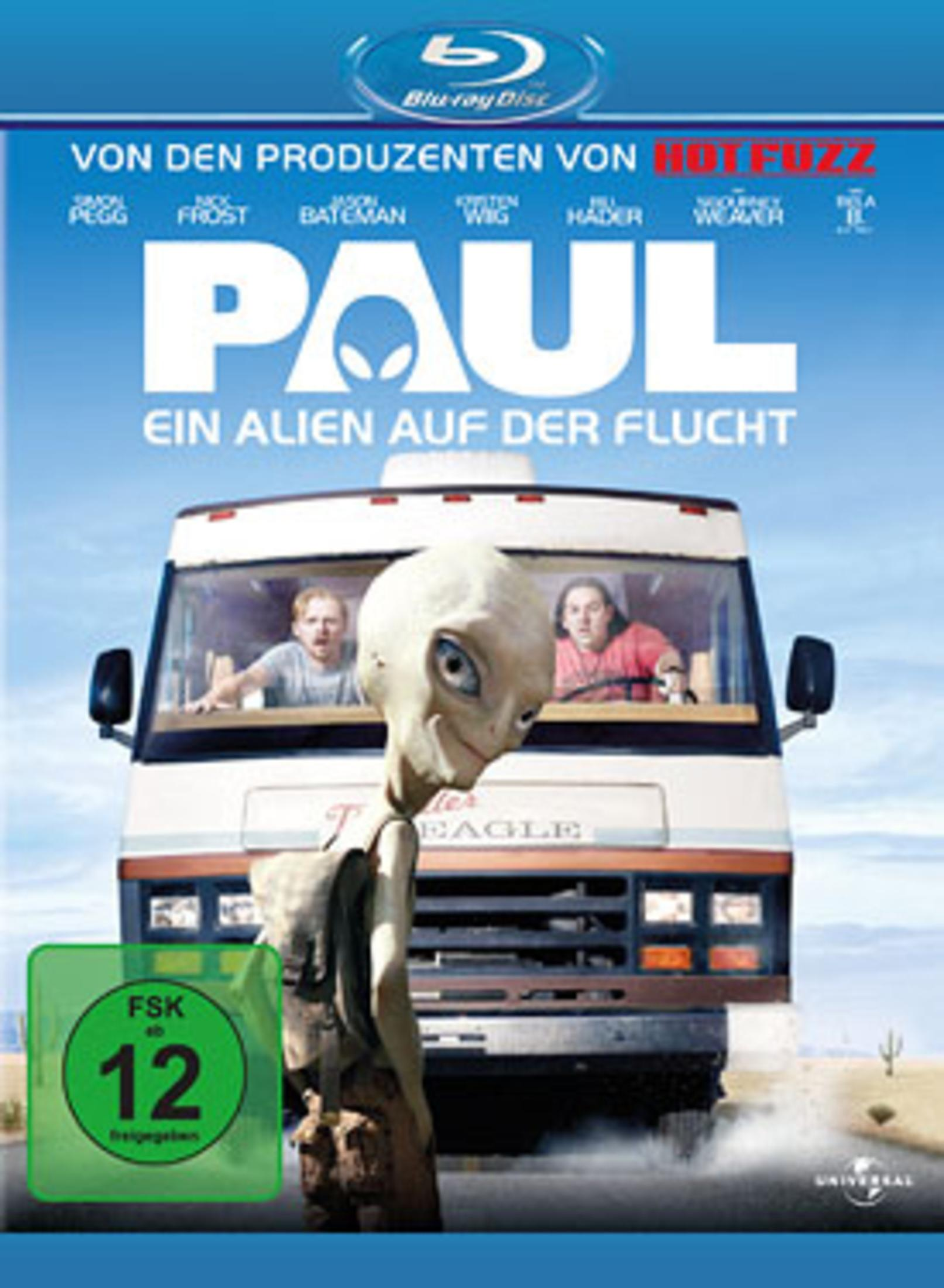 Blu-ray-Cover von Paul – Ein Alien auf der Flucht mit einem Alien im Vordergrund und einem Wohnmobil.