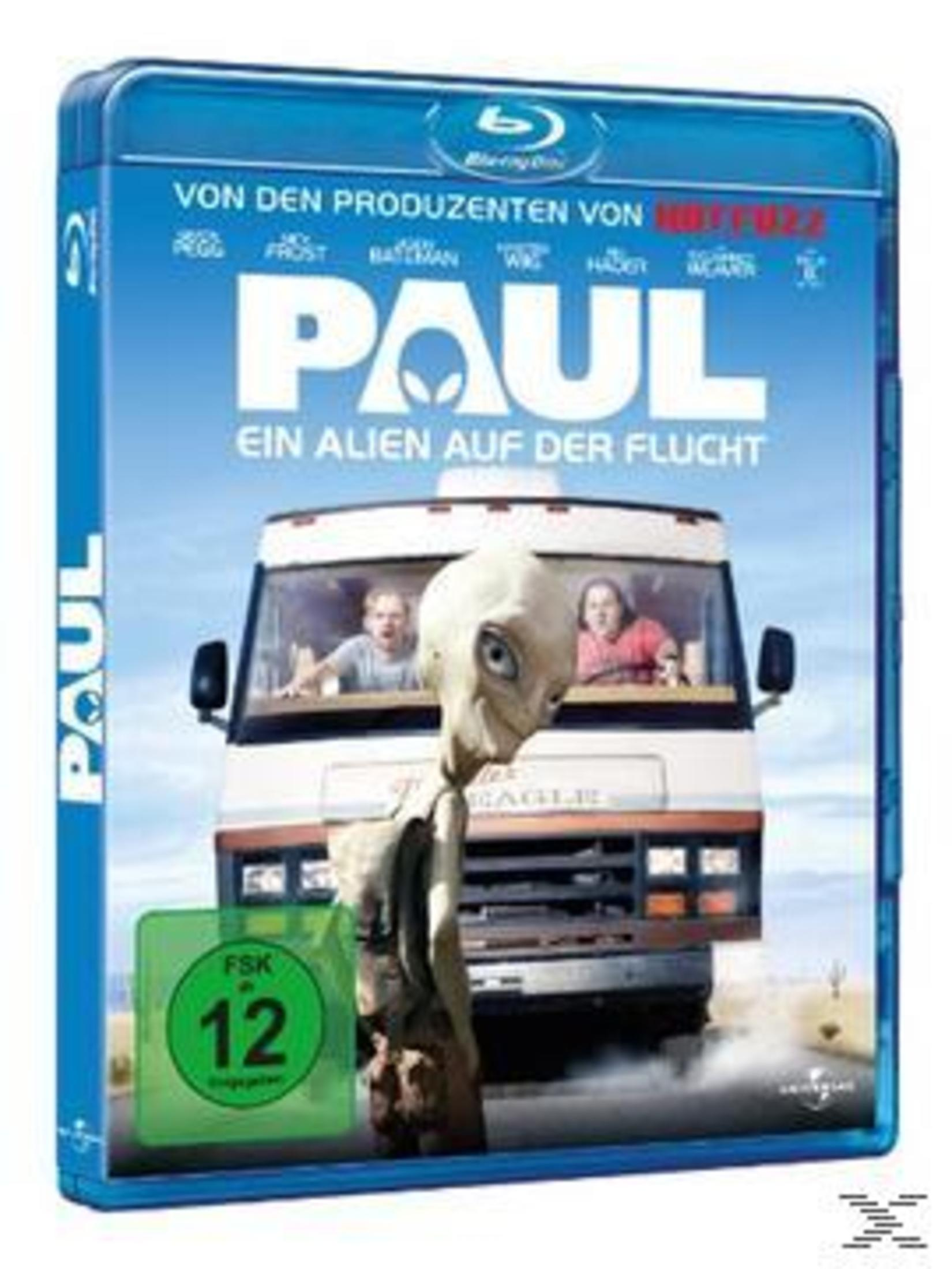 Blu-ray-Hülle des Films Paul mit einem Alien im Vordergrund und einem Wohnmobil im Hintergrund.