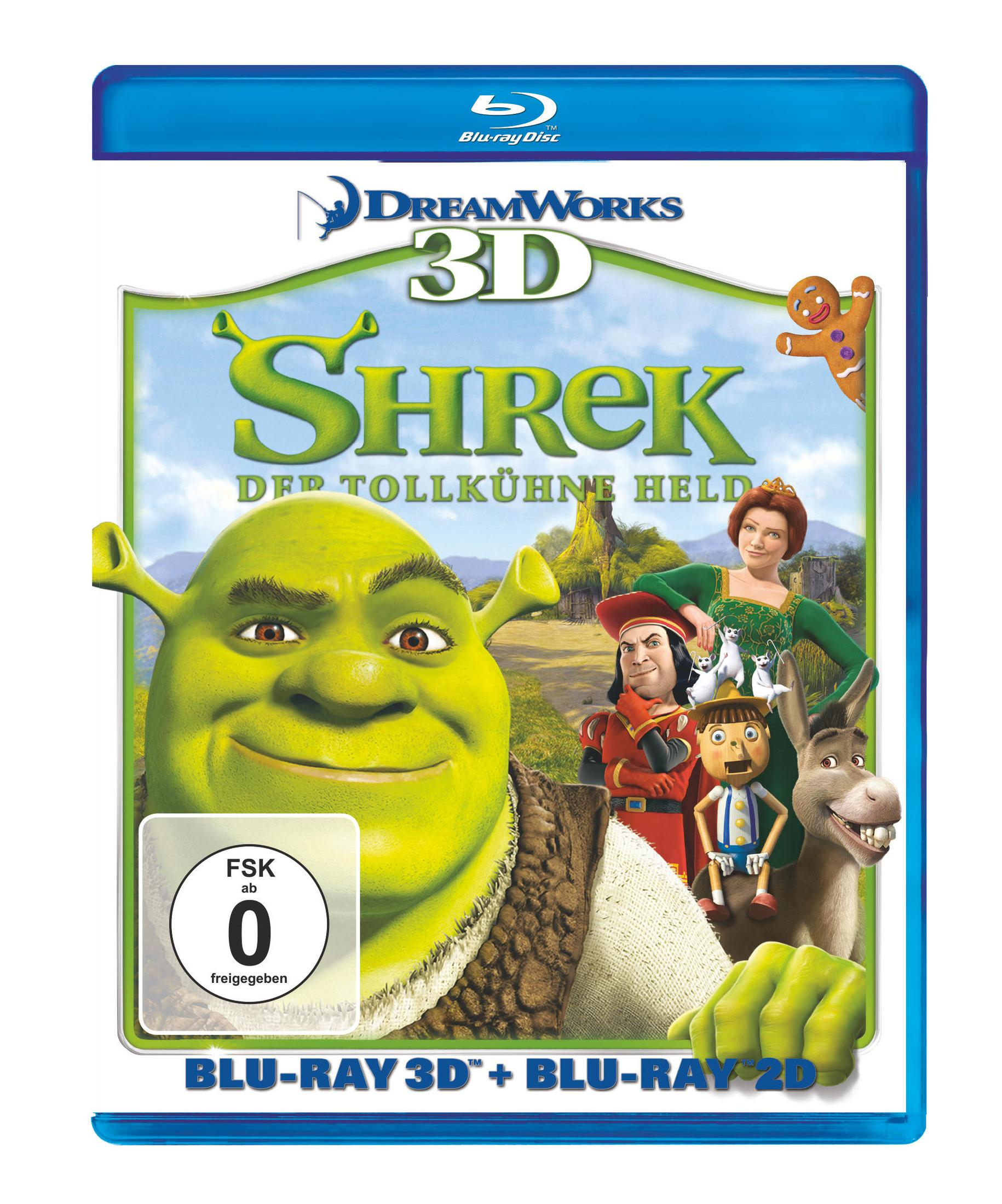 Shrek Blu-ray-Cover. Shrek, Fiona, Donkey und andere Charaktere sind abgebildet. Der Hintergrund ist ein Wald. Das Cover ist blau.