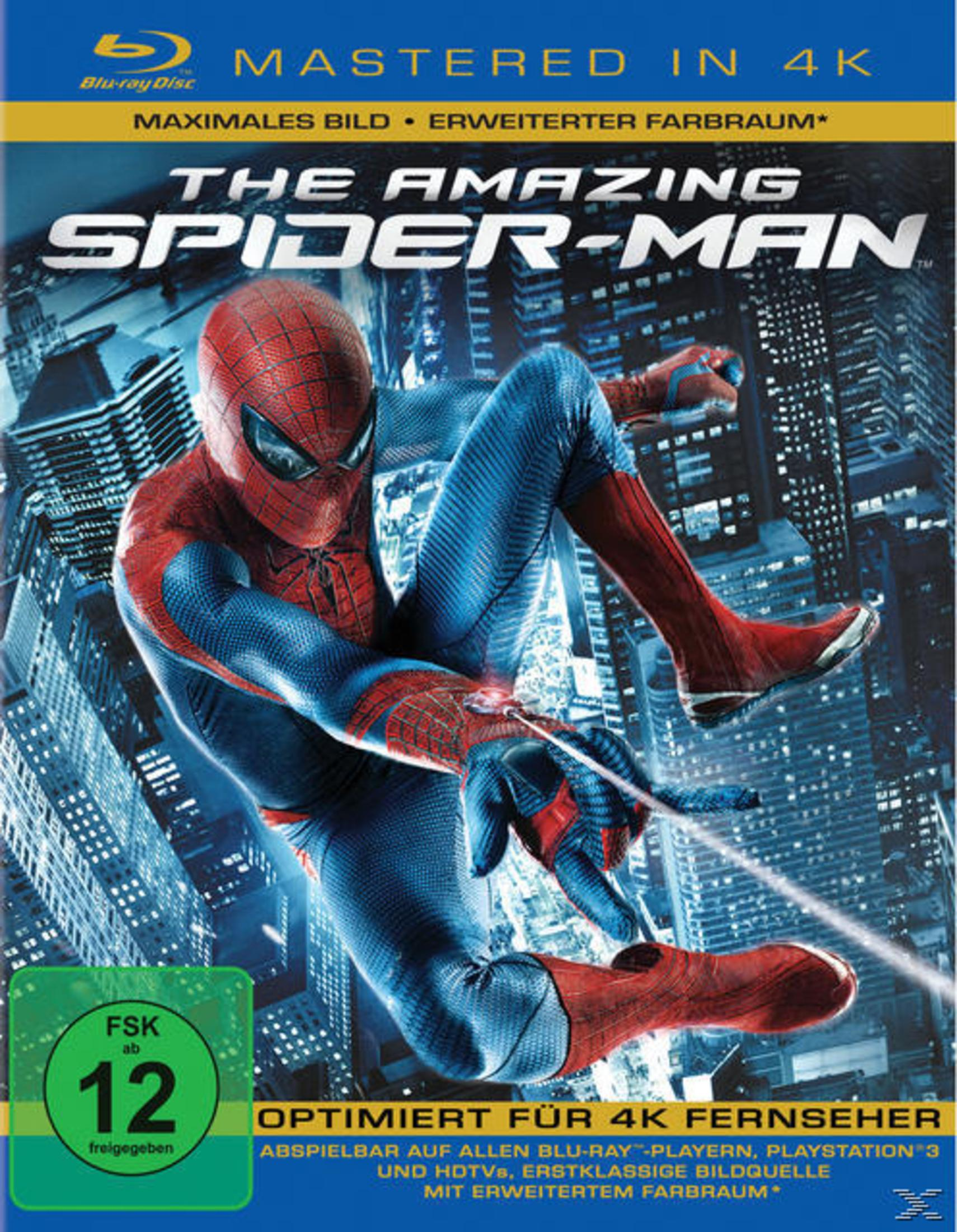 Spider-Man se balance devant la ligne d'horizon d'une ville, jaquette Blu-ray "The Amazing Spider-Man".