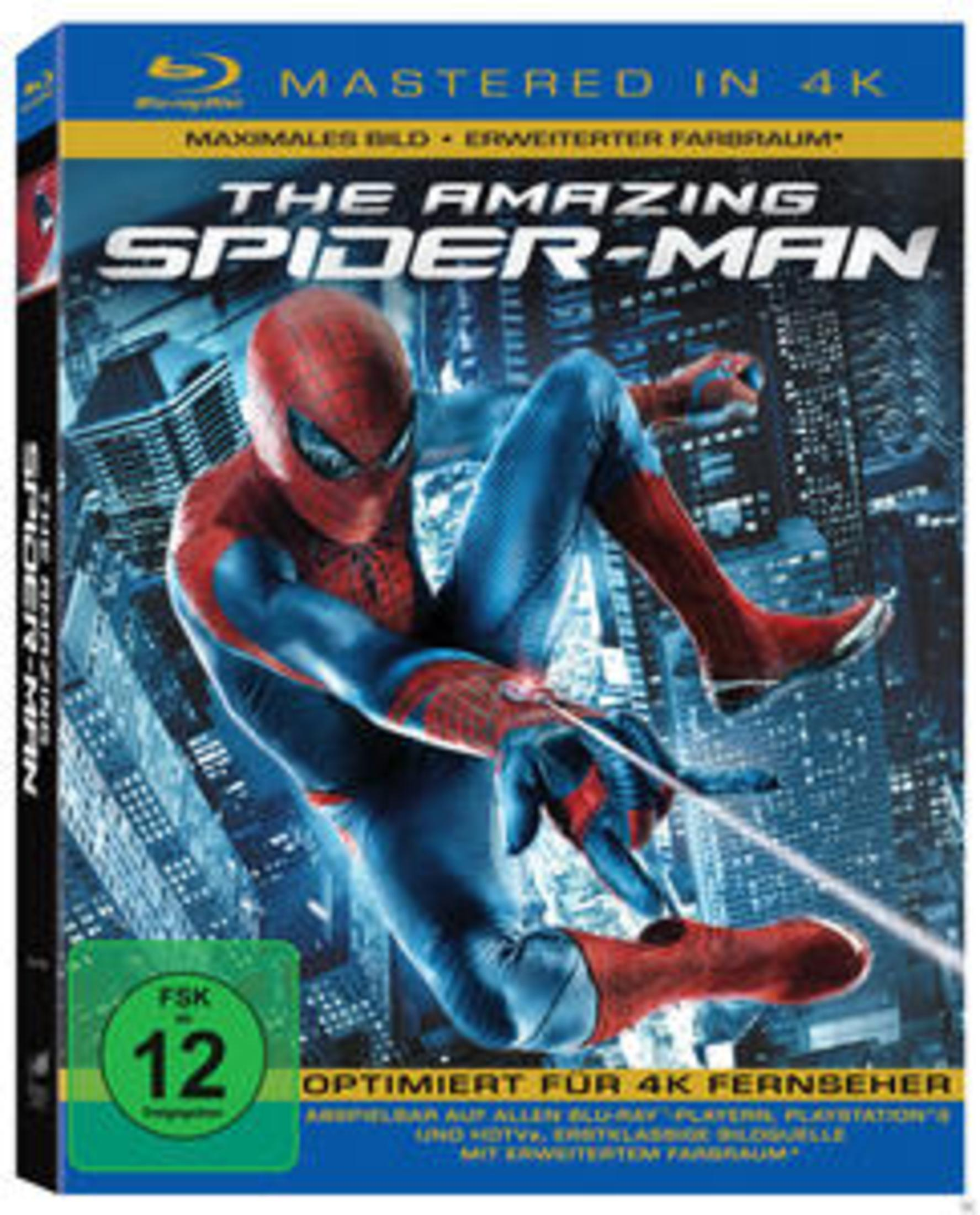 Couverture Blu-ray The Amazing Spider-Man avec Spider-Man sautant devant une silhouette de ville.