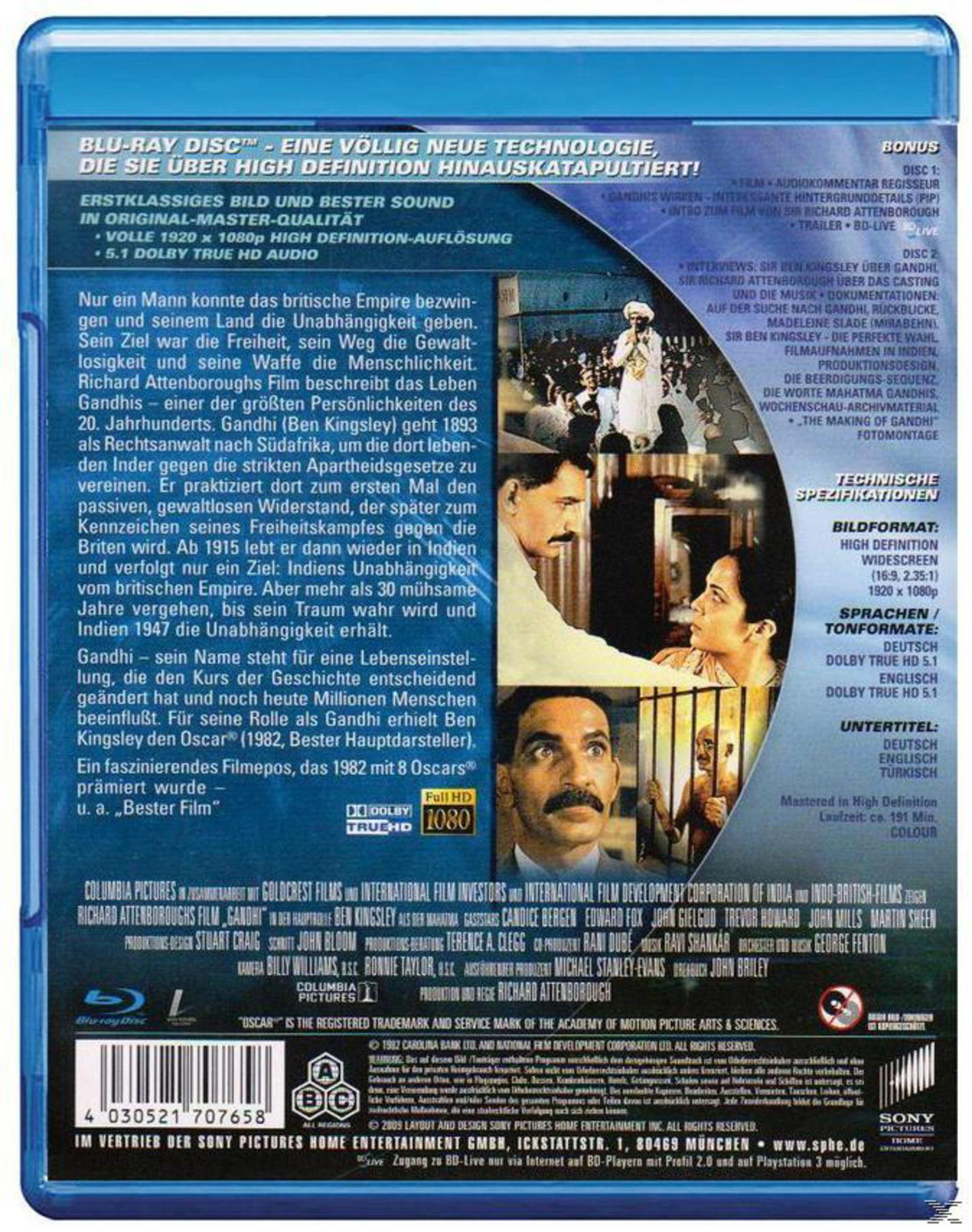 Boîtier Blu-ray de 'Gandhi' avec scènes, détails et spécifications techniques.