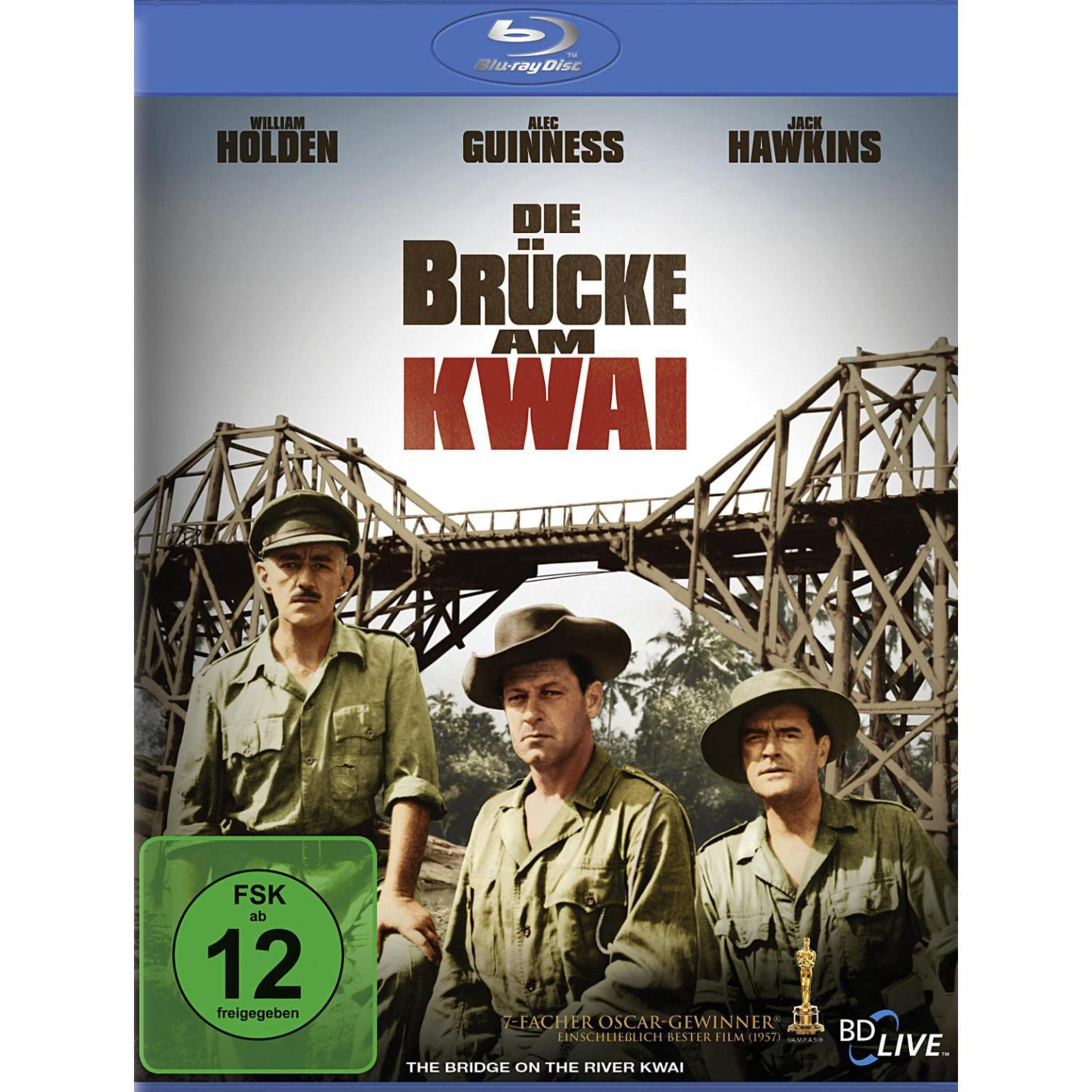 Trois soldats devant un pont en bois. Pochette Blu-ray de 'Le Pont de la Rivière Kwaï'.