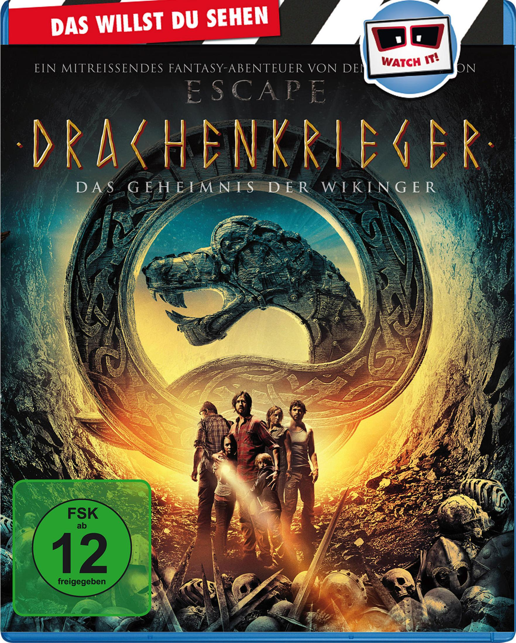 Affiche de film : Groupe devant un symbole de tête de dragon, crânes au premier plan.