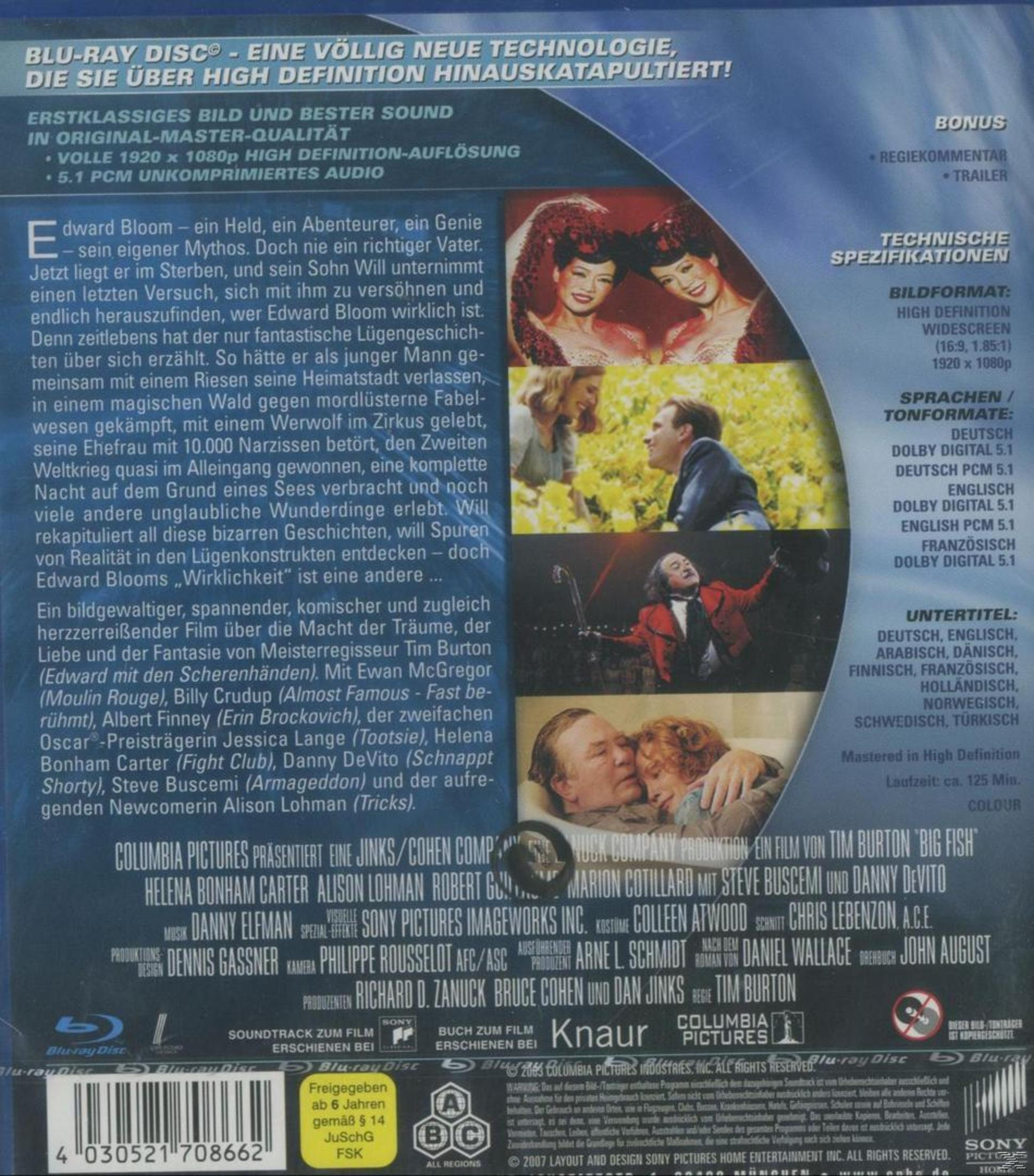 Blu-ray Hülle für den Film "Big Fish" von Tim Burton mit Szenenbildern und technischen Details.