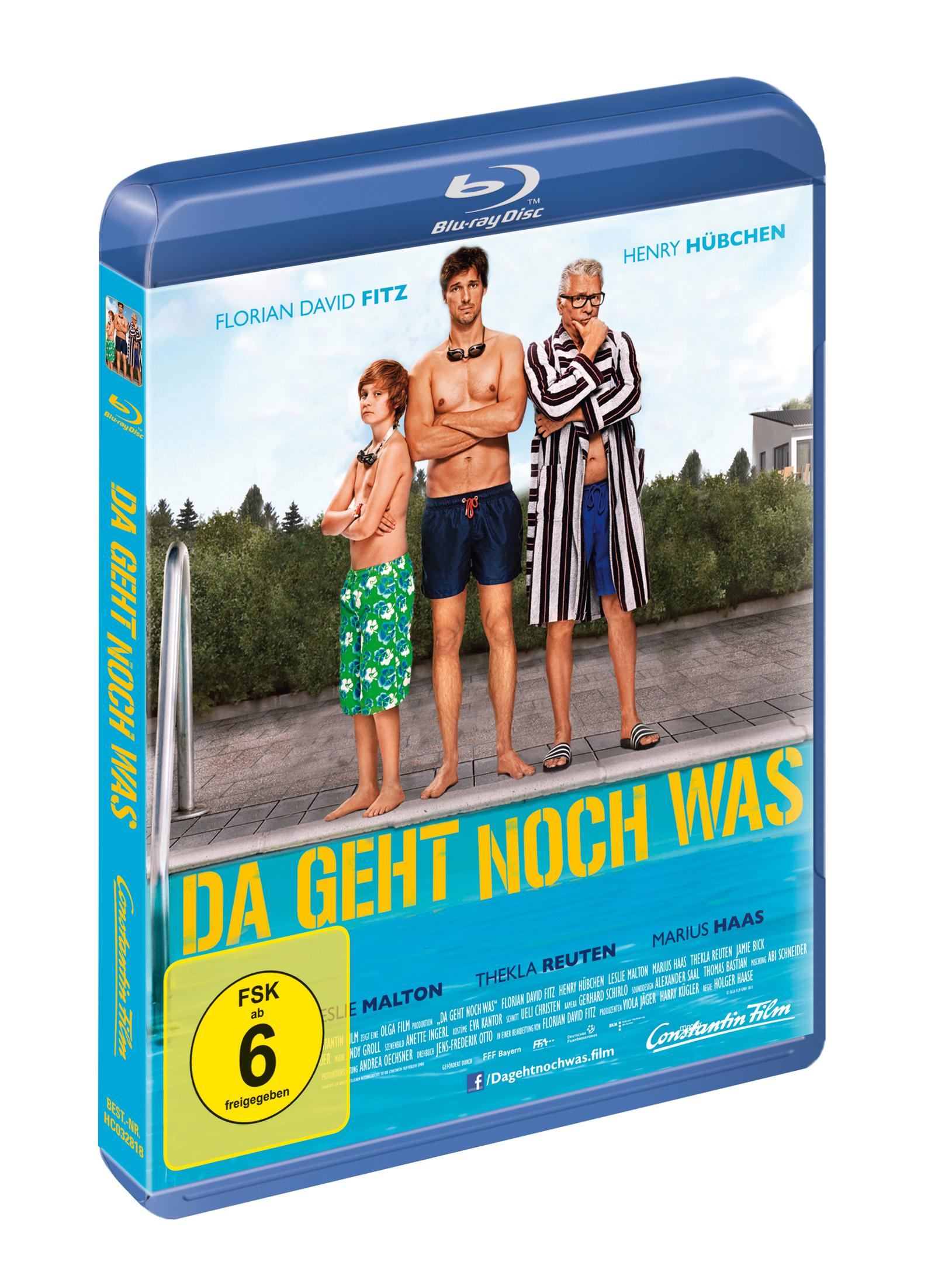 Blu-ray-Hülle des Films "Da geht noch was" mit drei Männern in Badesachen am Pool.