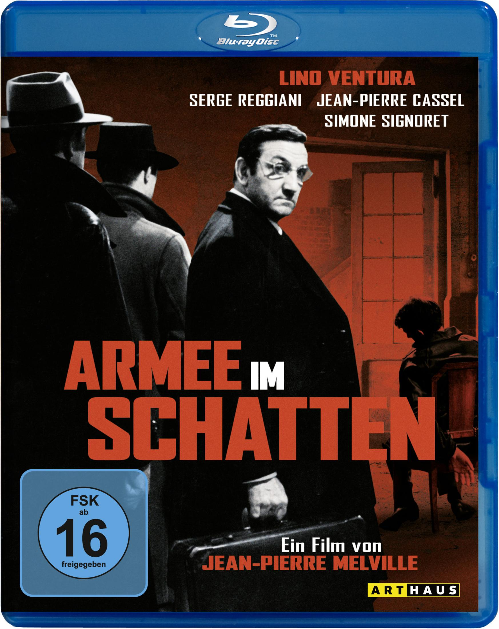 Filmplakat mit Männern in Hüten und Anzügen, Titel 'Armee im Schatten'.