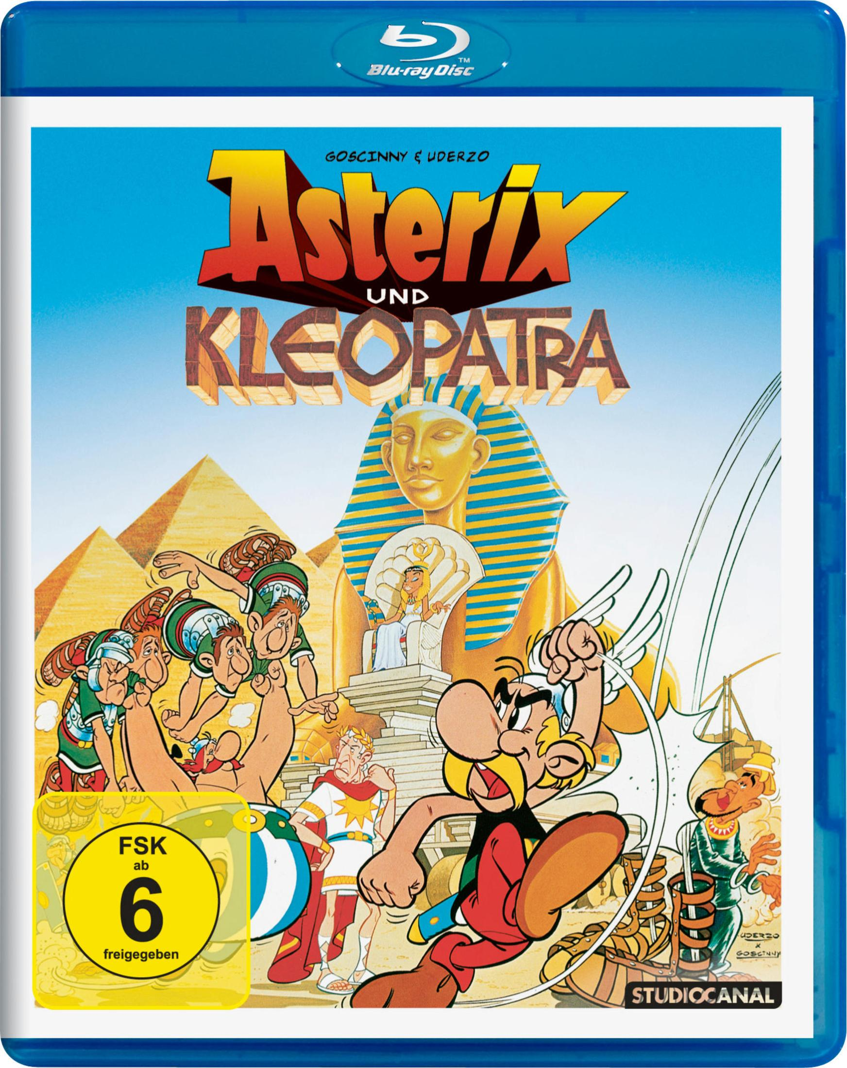 Blu-ray Cover von Asterix und Kleopatra mit Ägypten-Hintergrund, Charakteren und FSK-6-Logo.