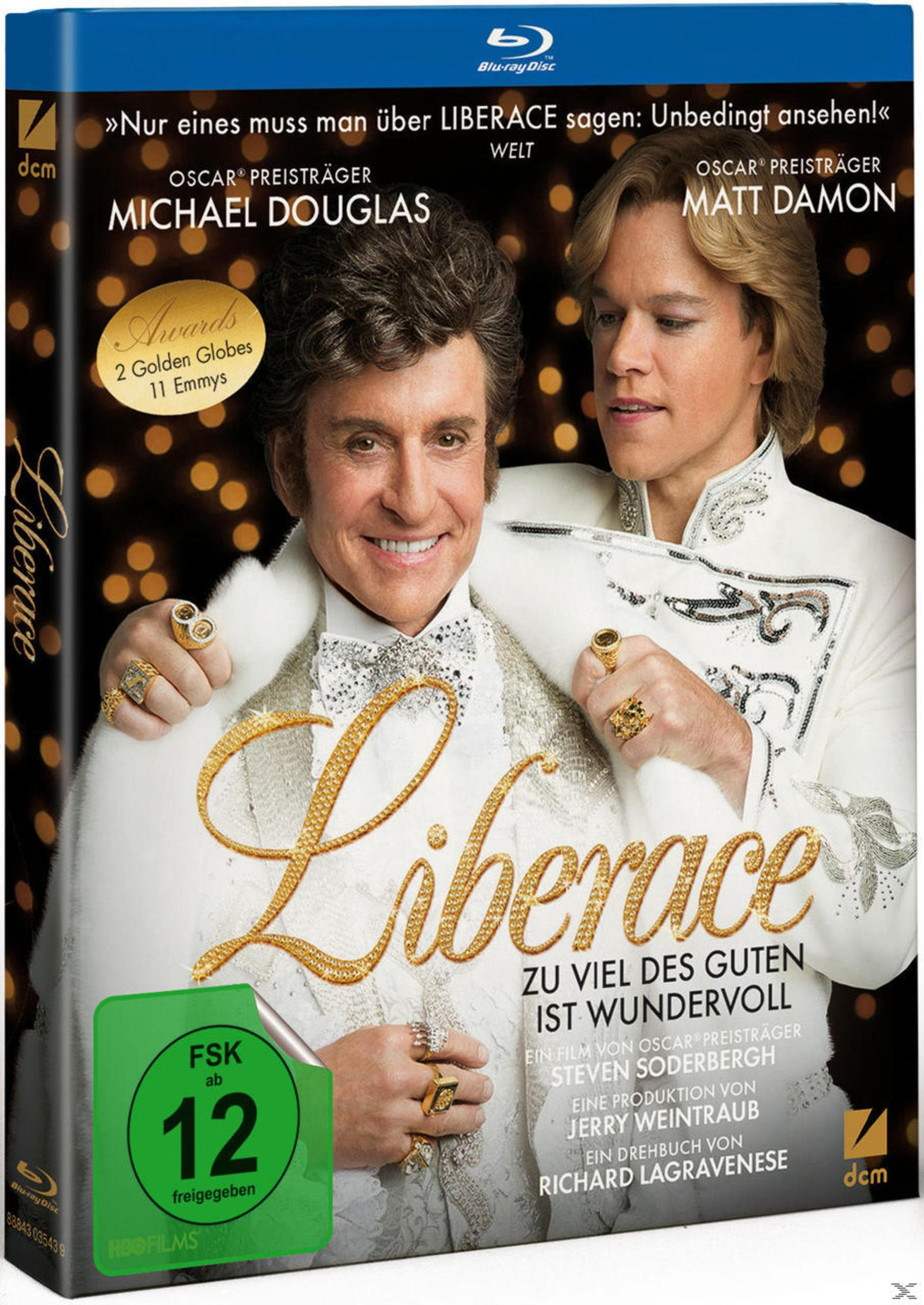 Michael Douglas und Matt Damon auf Blu-ray-Hülle für Liberace mit Awards-Logo.